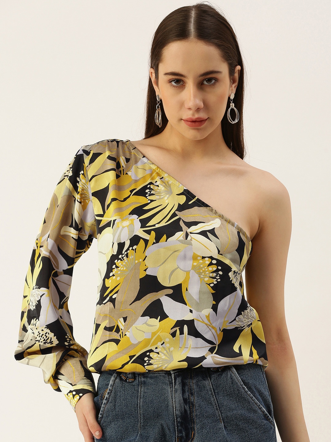 

IQRAAR Floral Print One Shoulder Longline Top, Yellow