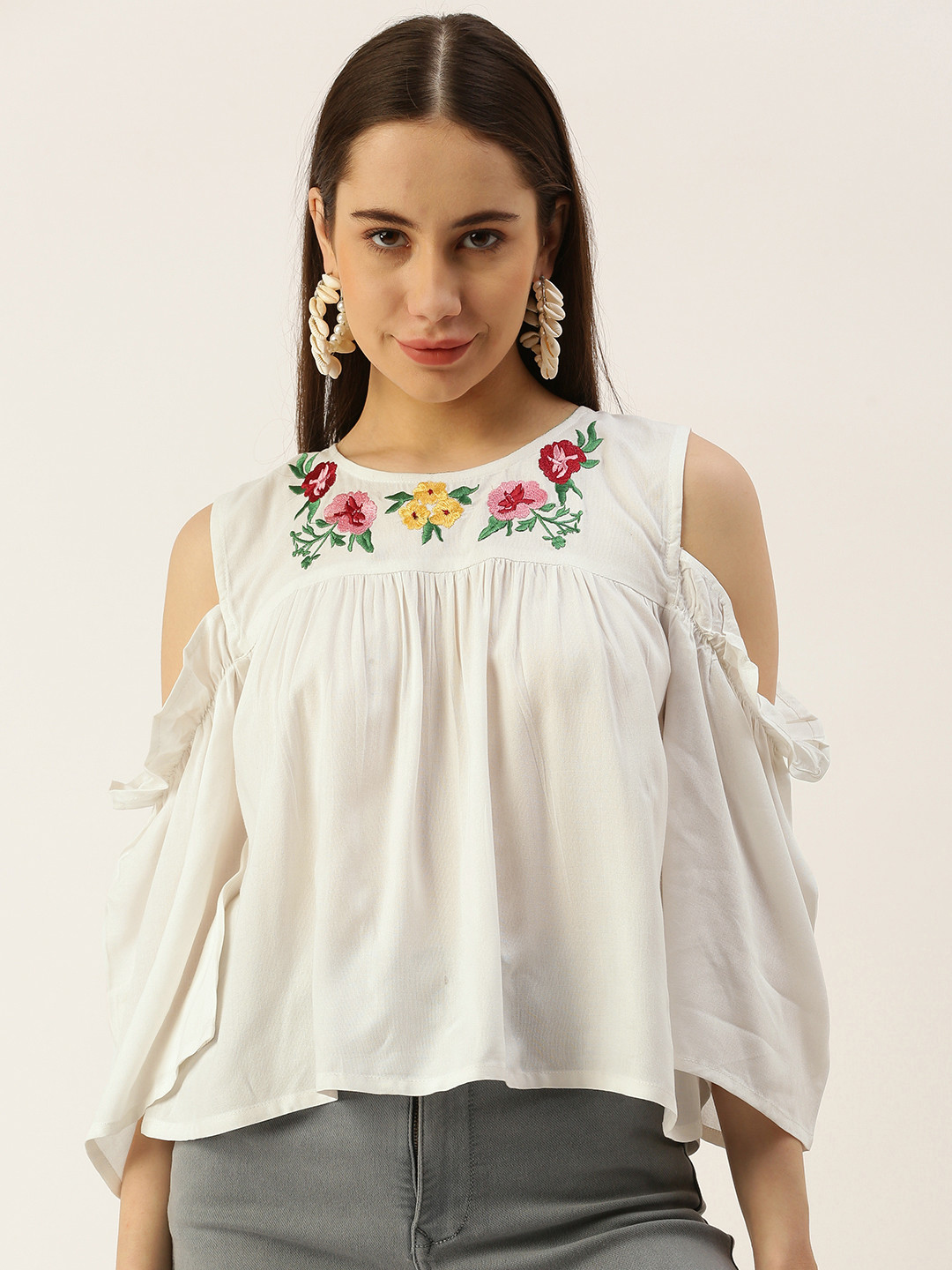 

IQRAAR Floral Embroidered Cold-Shoulder Sleeves Ruffled Top, White