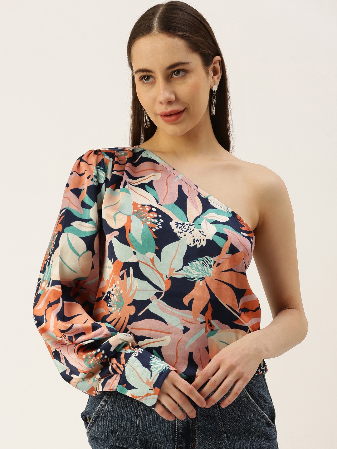 

IQRAAR Floral Print One Shoulder Top, Black