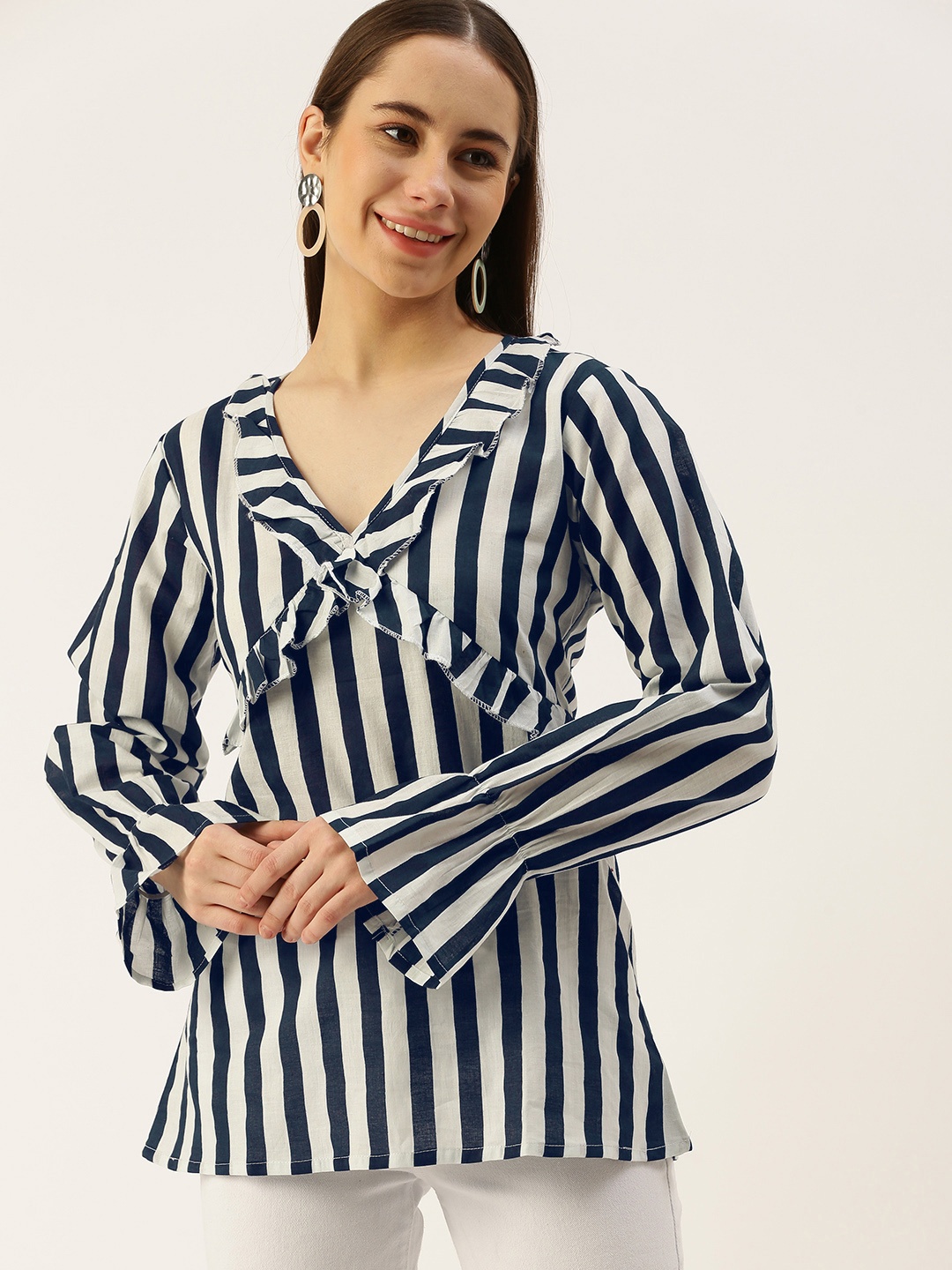 

IQRAAR Pure Cotton Striped V-Neck Top With Ruffle Detail, Black