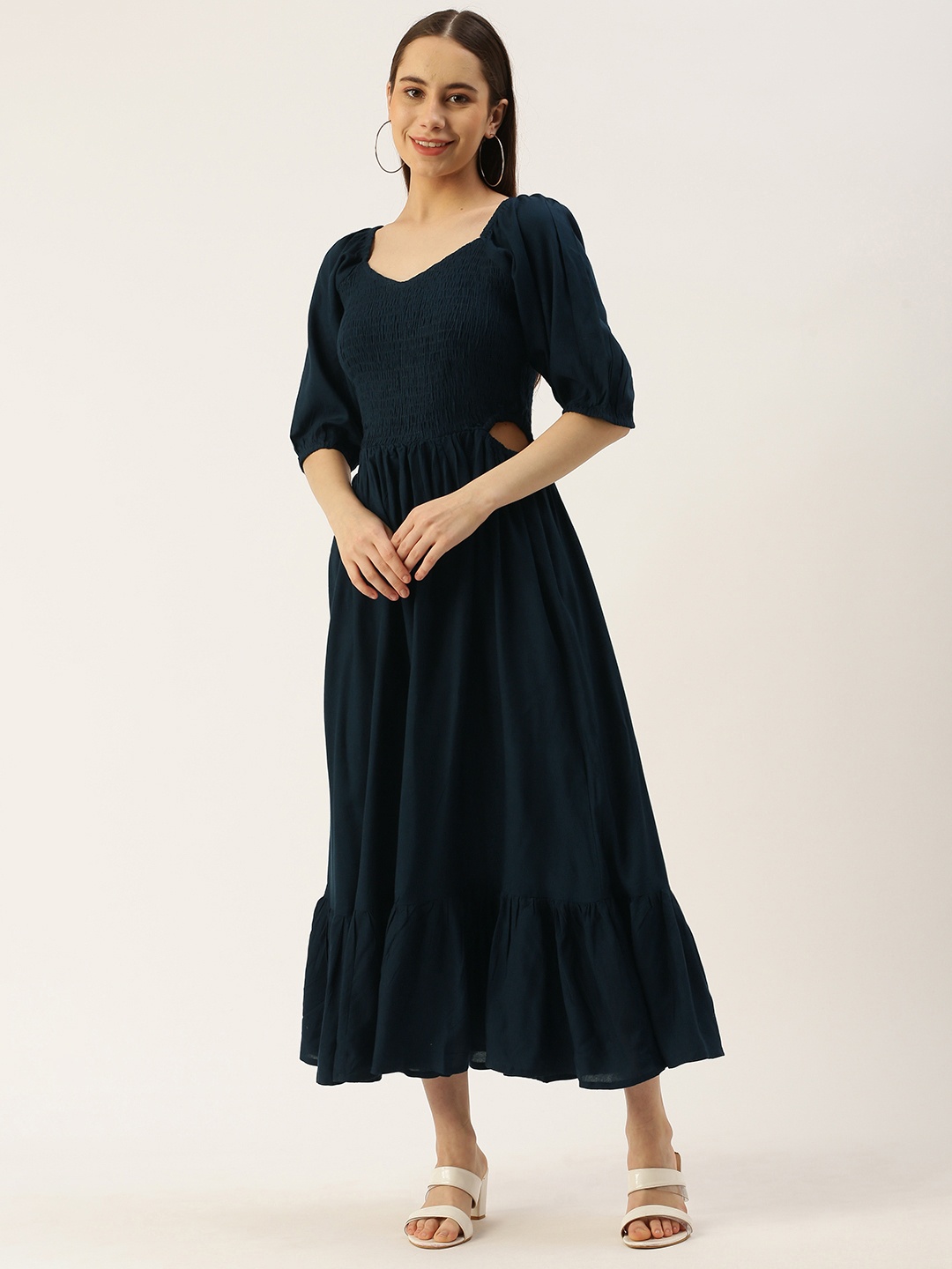 

IQRAAR Sweetheart Neck Smocked Puff Sleeves Midi Dress With Cut-Out Detail, Navy blue