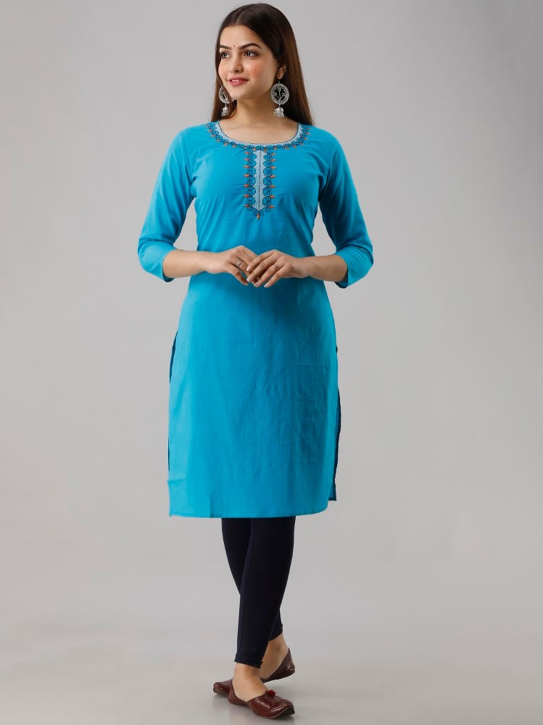 

Ksharaa Ethnic Motifs Embroidered Thread Work Cotton Kurta, Turquoise blue