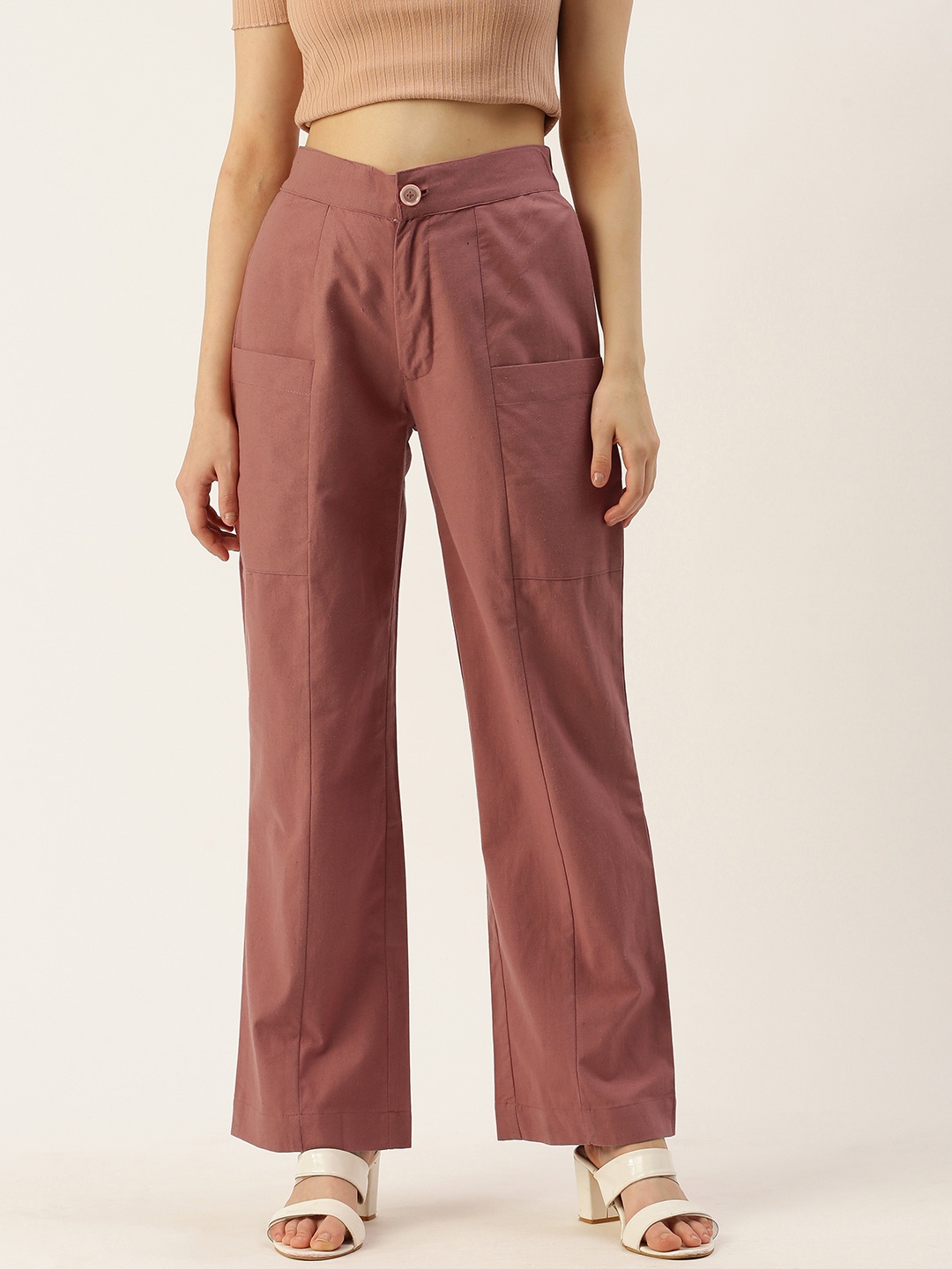 

IQRAAR Women Regular Fit High-Rise Trousers, Rust