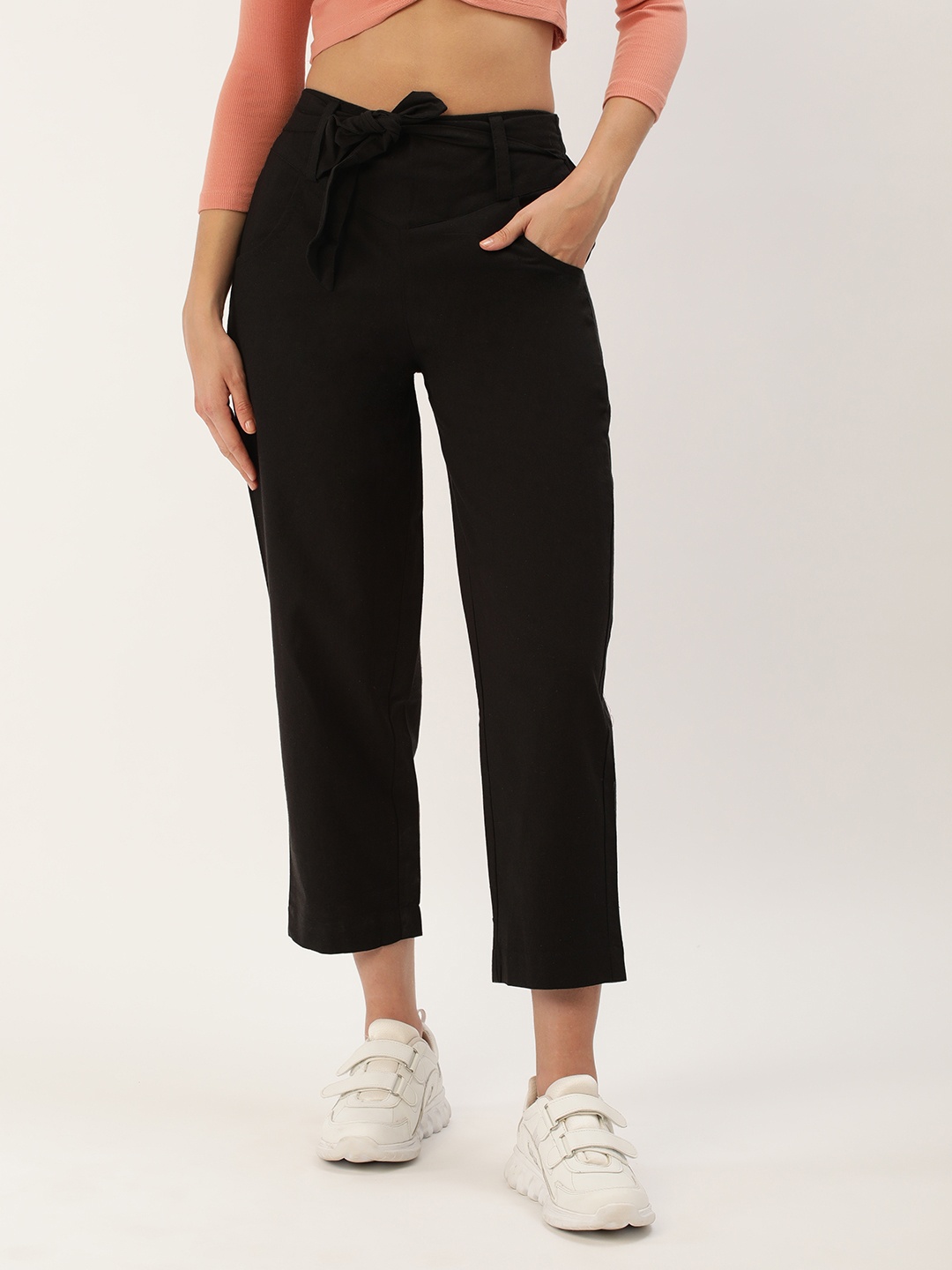 

IQRAAR Women Regular Fit High-Rise Trousers, Black
