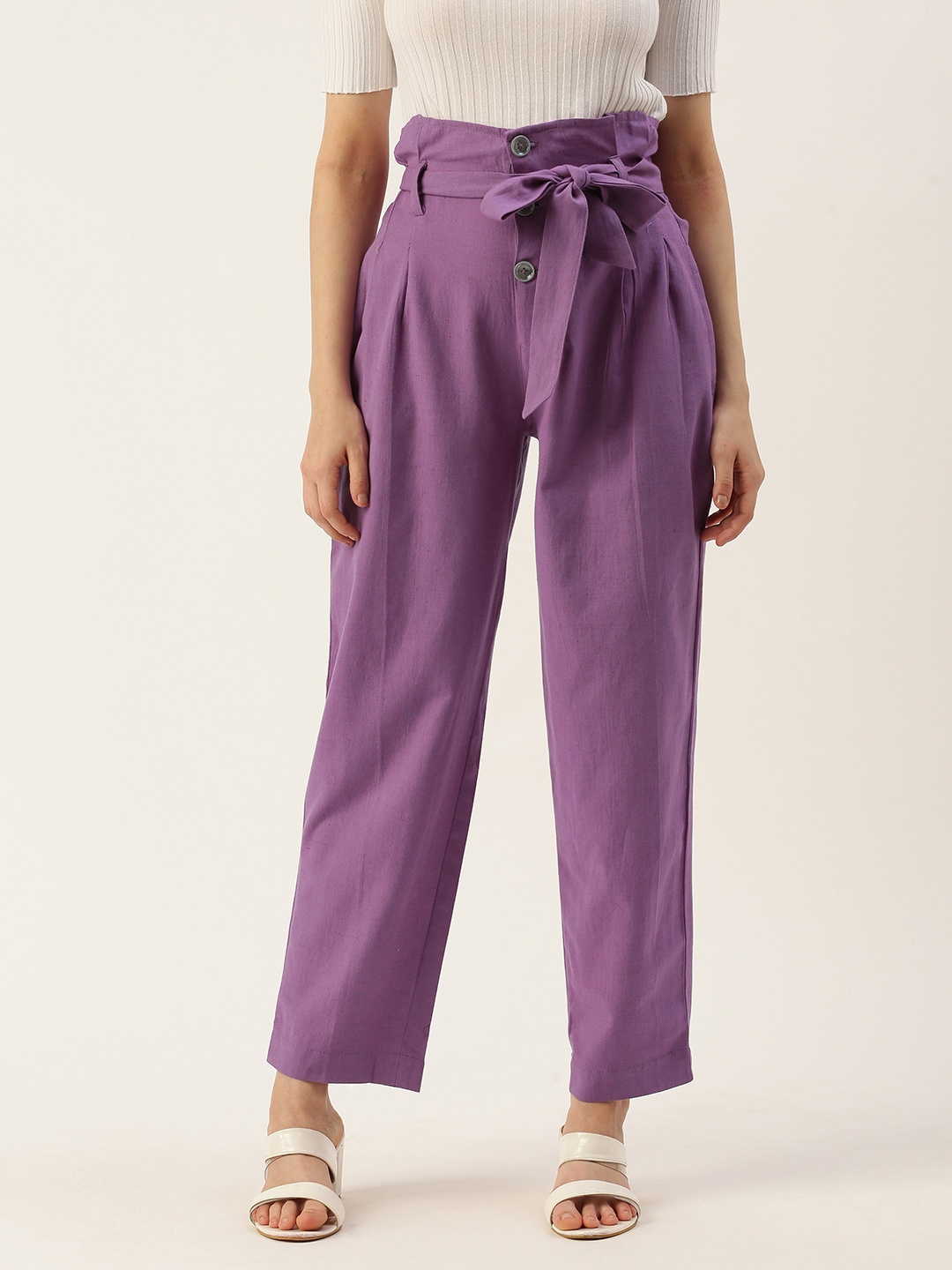 

IQRAAR High-Rise Pleated Trousers With Waist Tie-Ups Detail, Purple