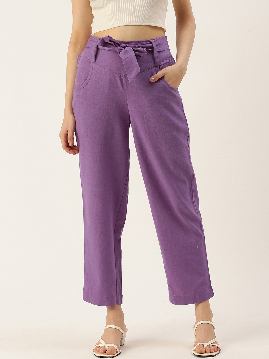 

IQRAAR High-Rise Cropped Trousers With Waist Tie-Ups Detail, Purple