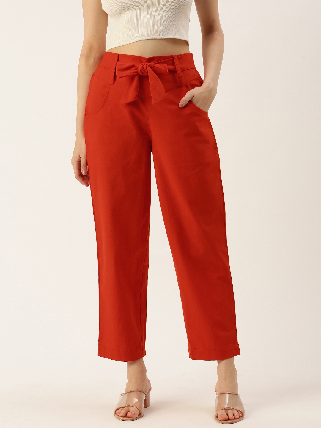 

IQRAAR Women Regular Fit High-Rise Trousers, Red