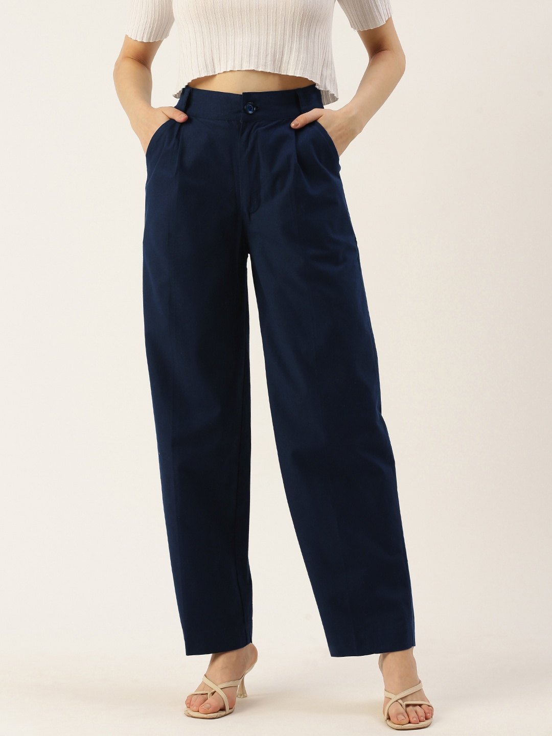 

IQRAAR Women Regular Fit High-Rise Trousers, Navy blue