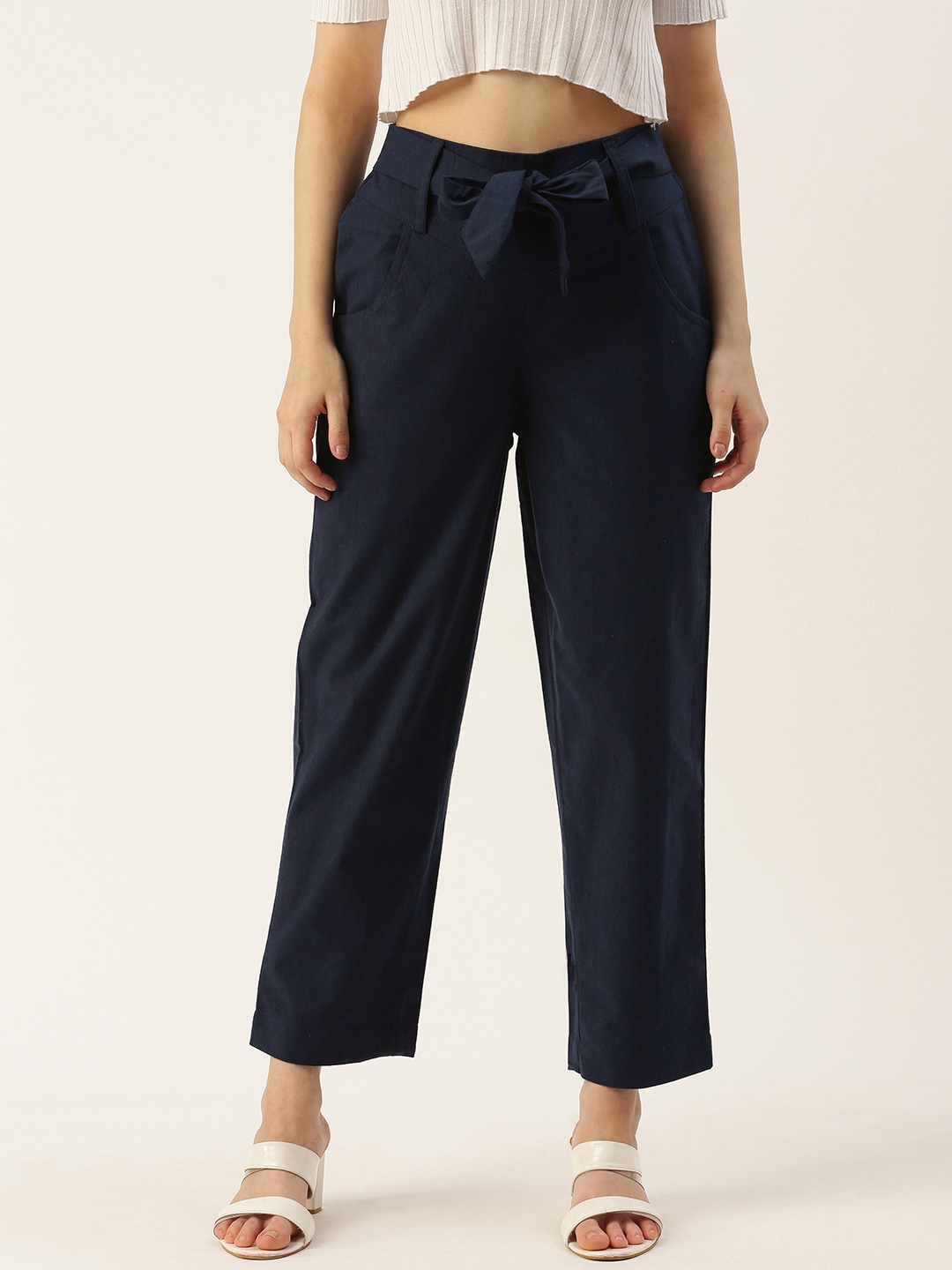 

IQRAAR High-Rise Trousers With Waist Tie-Ups Detail, Navy blue