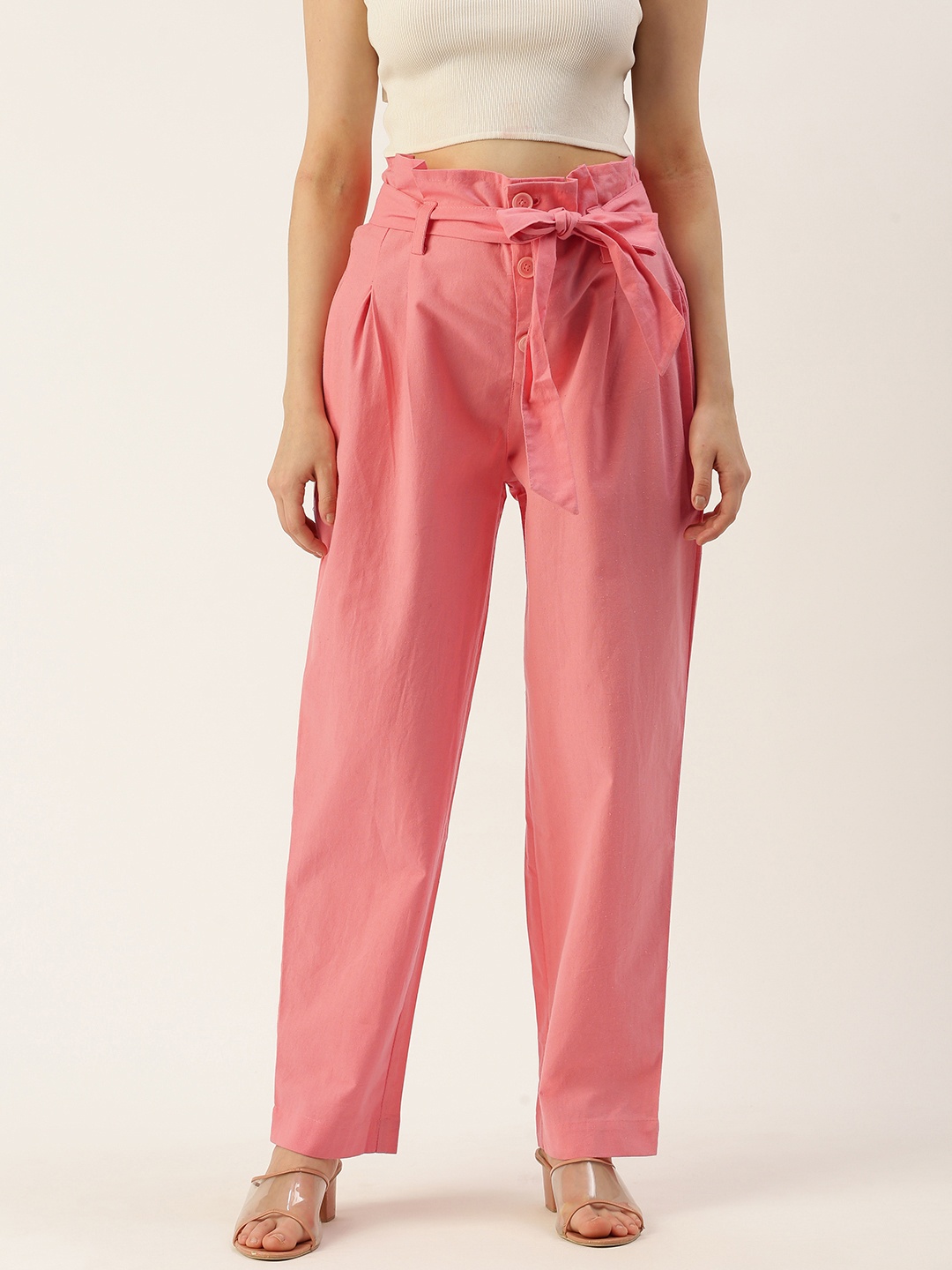 

IQRAAR High-Rise Pleated Trousers With Waist Tie-Ups Detail, Pink