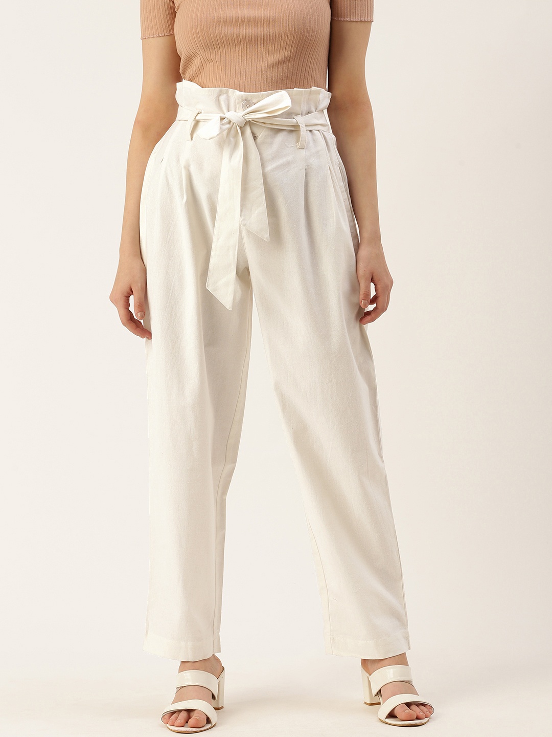 

IQRAAR High-Rise Pleated Trousers With Waist Tie-Ups Detail, White