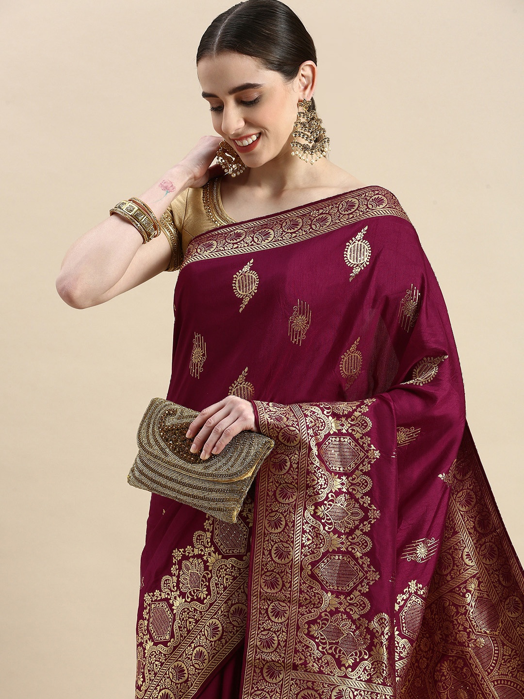 

APPLIX STYLE Purple & Gold-Toned Ethnic Motifs Zari Pure Silk Banarasi Saree