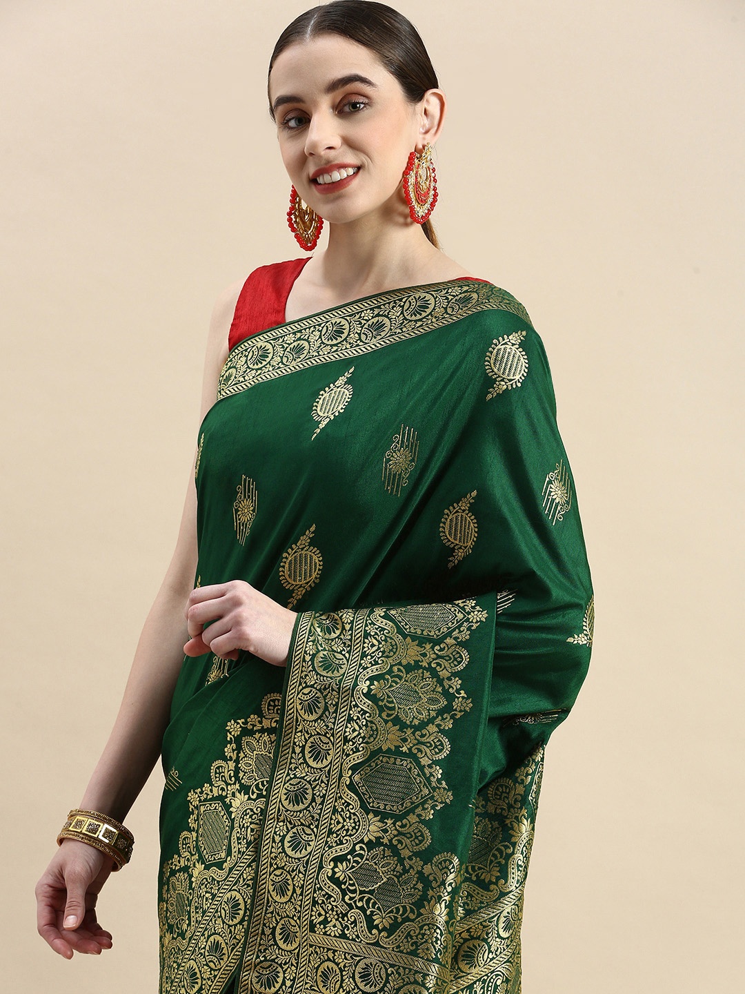 

APPLIX STYLE Green & Gold-Toned Ethnic Motifs Zari Pure Silk Banarasi Saree