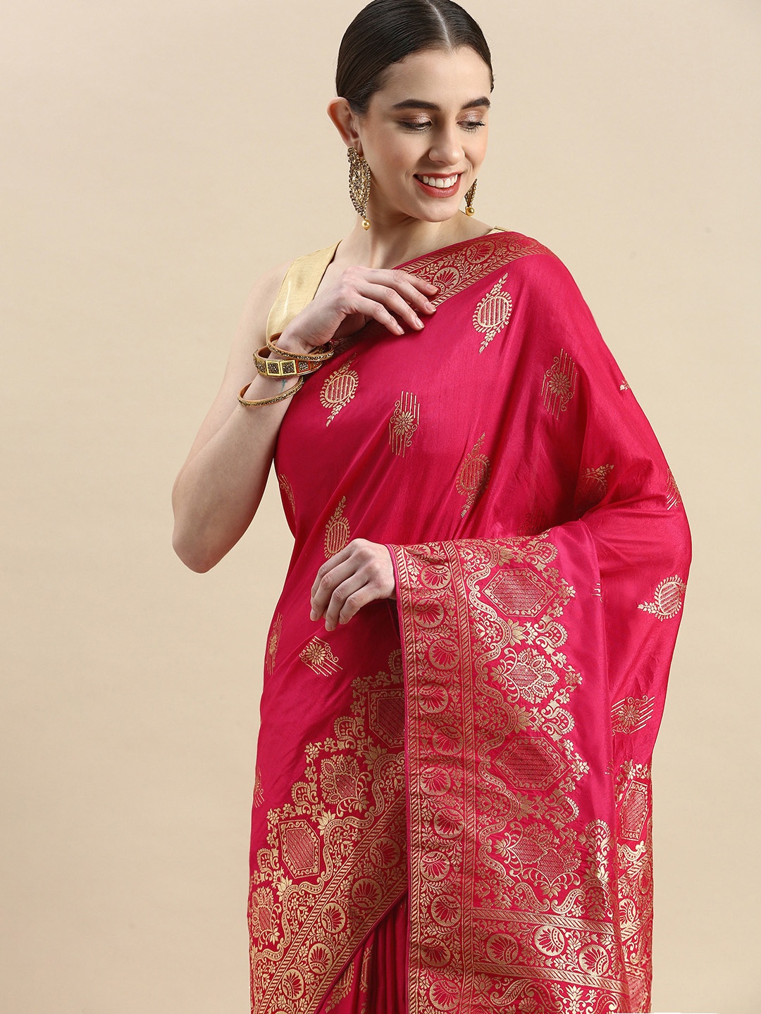 

APPLIX STYLE Pink & Gold-Toned Ethnic Motifs Zari Pure Silk Banarasi Saree