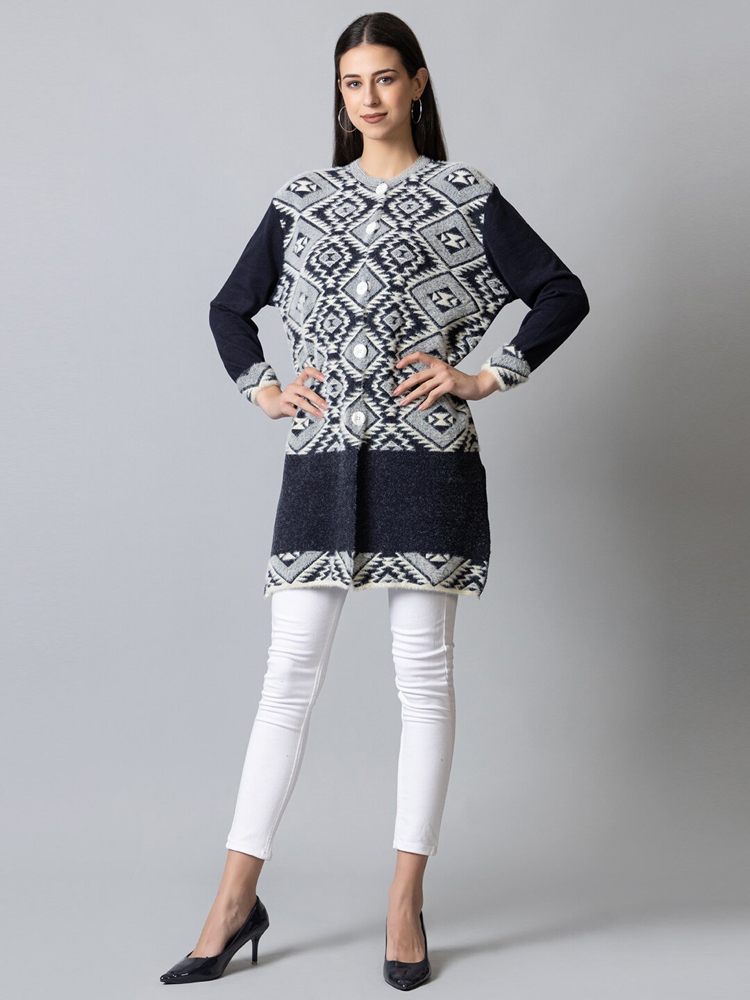 

ARMISTO Women Fuzzy Longline Cardigan Sweater, Navy blue
