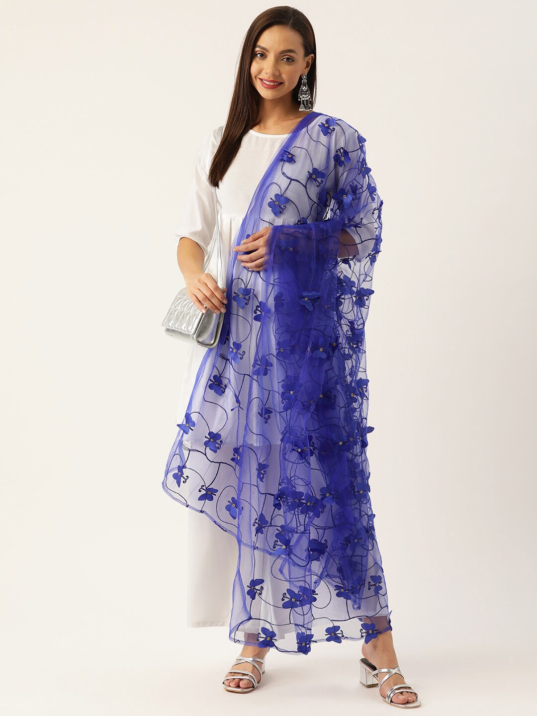 

InWeave Net Butterfly Embroidered Dupatta, Blue