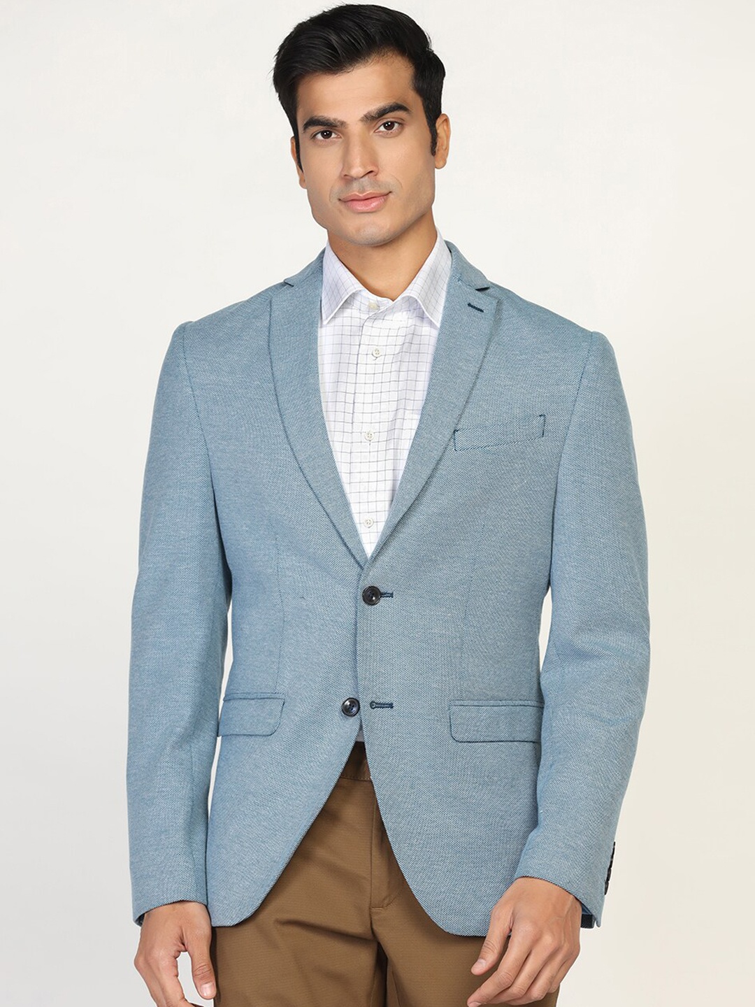 

Blackberrys Men Pure Cotton Single-Breasted Slim-Fit Casual Blazer, Teal