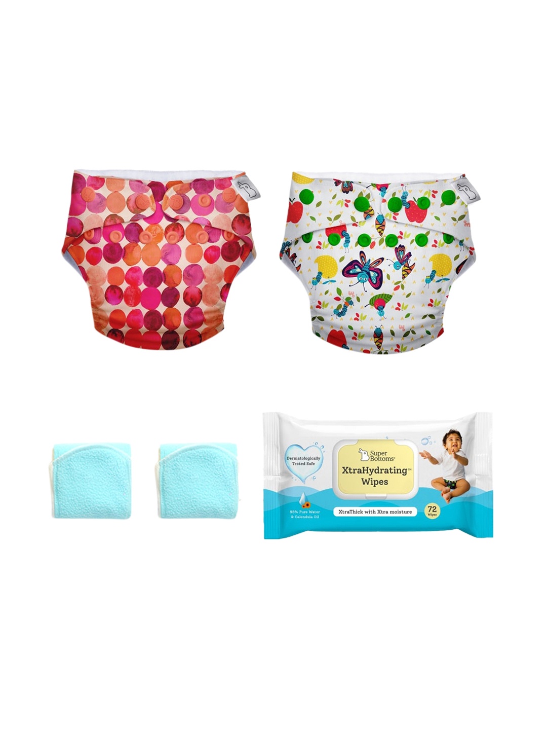 

SuperBottoms Infant Set Of 2 Organic Cotton SuperDryFeel Diapers & XtraHydrating Wipes, White