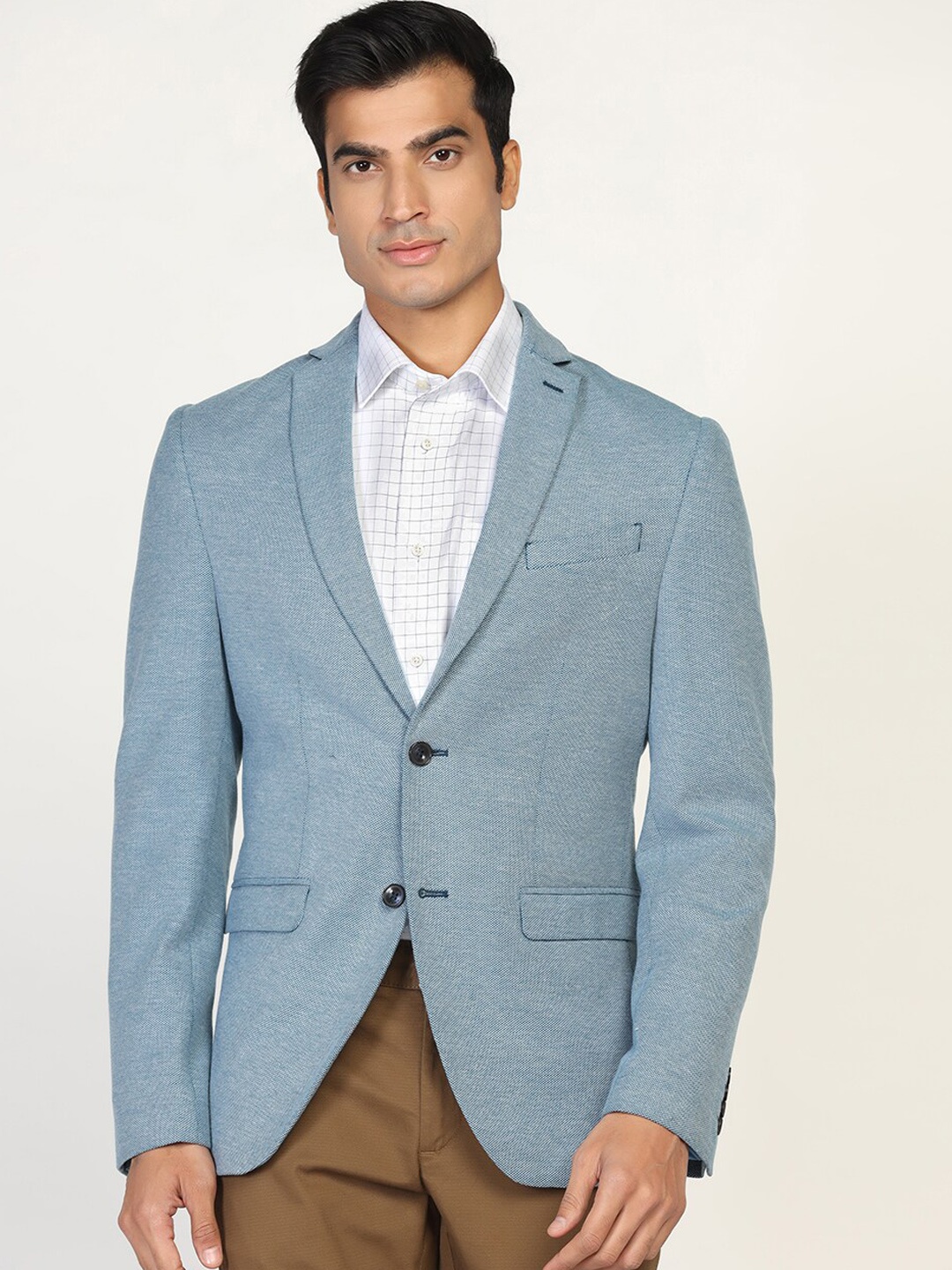 

Blackberrys Men Slim-Fit Pure Cotton Single-Breasted Formal Blazers, Teal