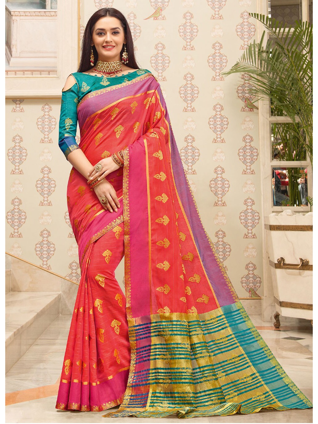 

SANGAM PRINTS Woven Design Zari Saree, Red