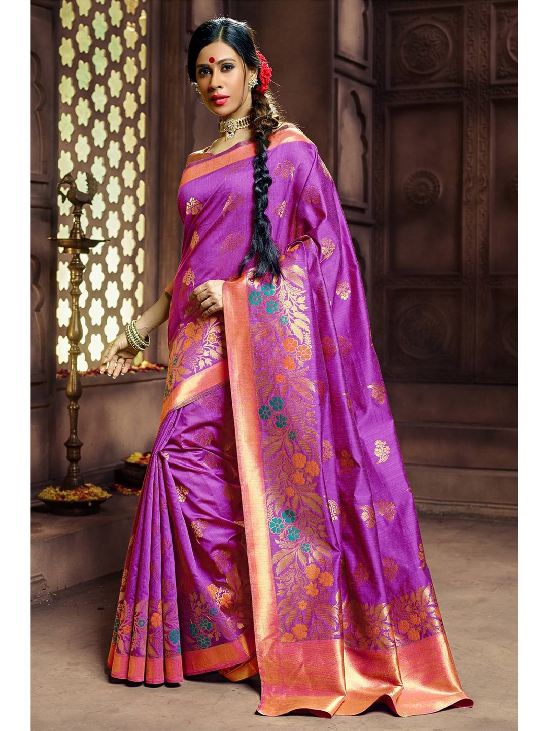 

SANGAM PRINTS Purple & Orange Woven Design Zari Pure Silk Saree