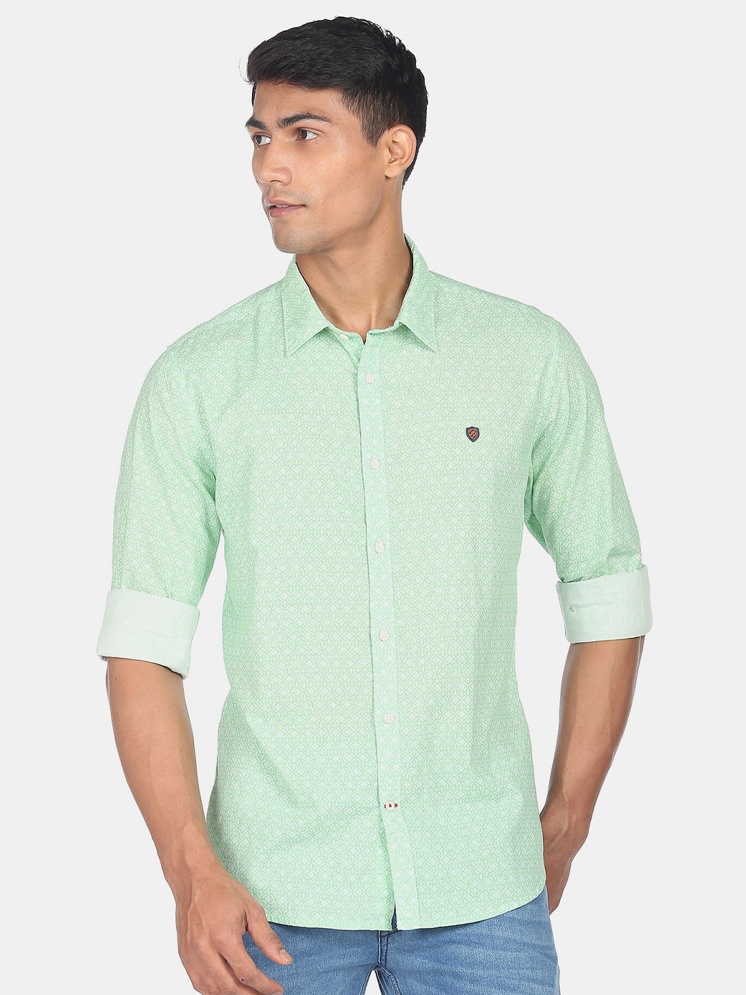 

AD By Arvind Men Green Slim Fit Micro Checks Printed Casual Shirt