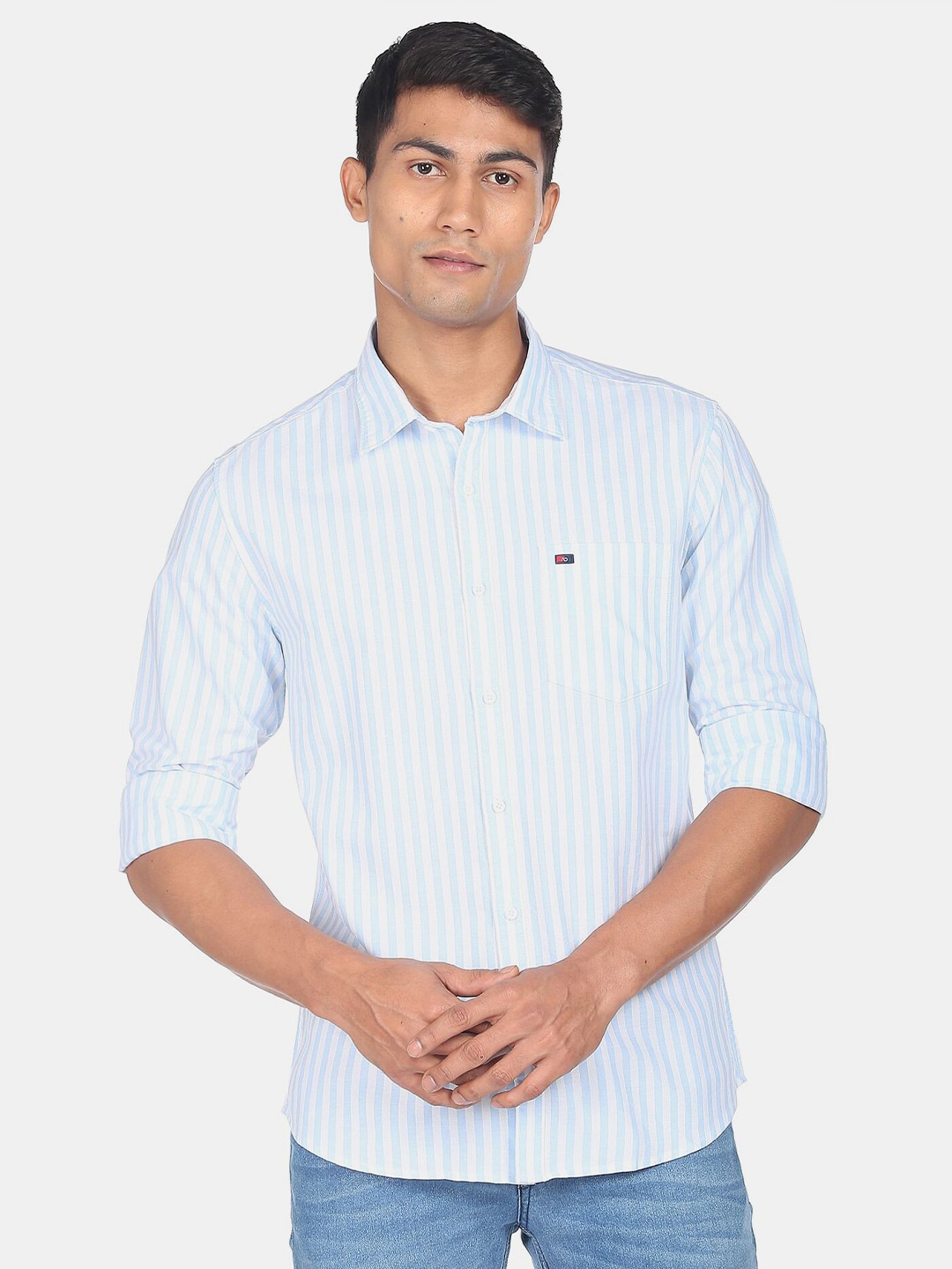 

AD By Arvind Men Slim Fit Striped Pure Cotton Casual Shirt, Blue