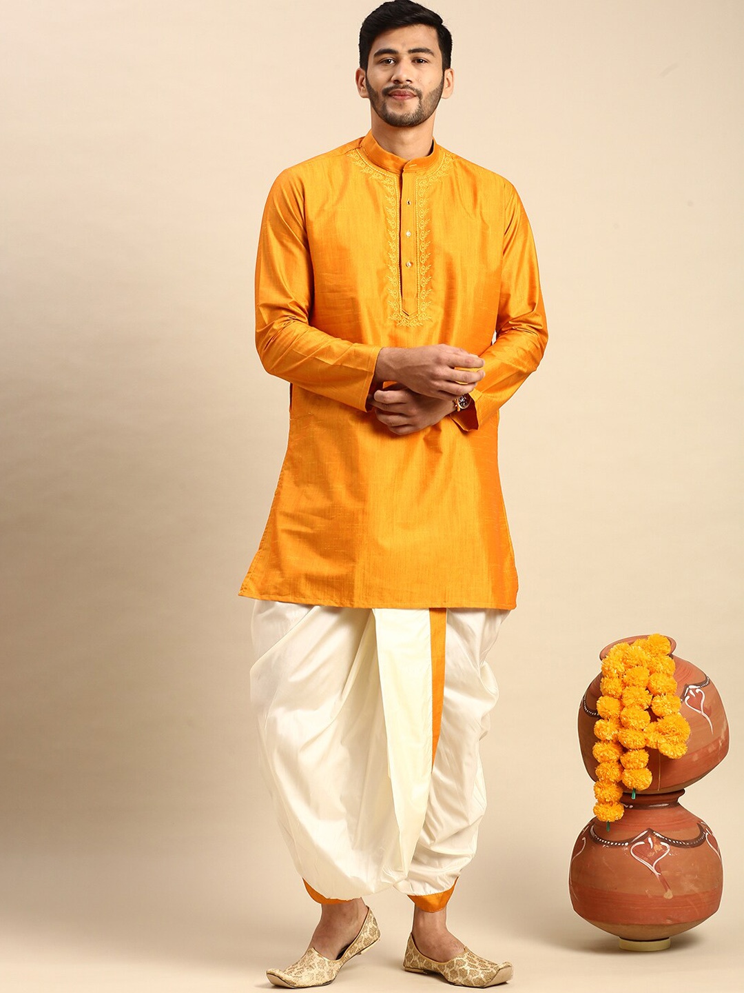 

Ramraj Men Pure Cotton Kurta with Dhoti Pants, Orange