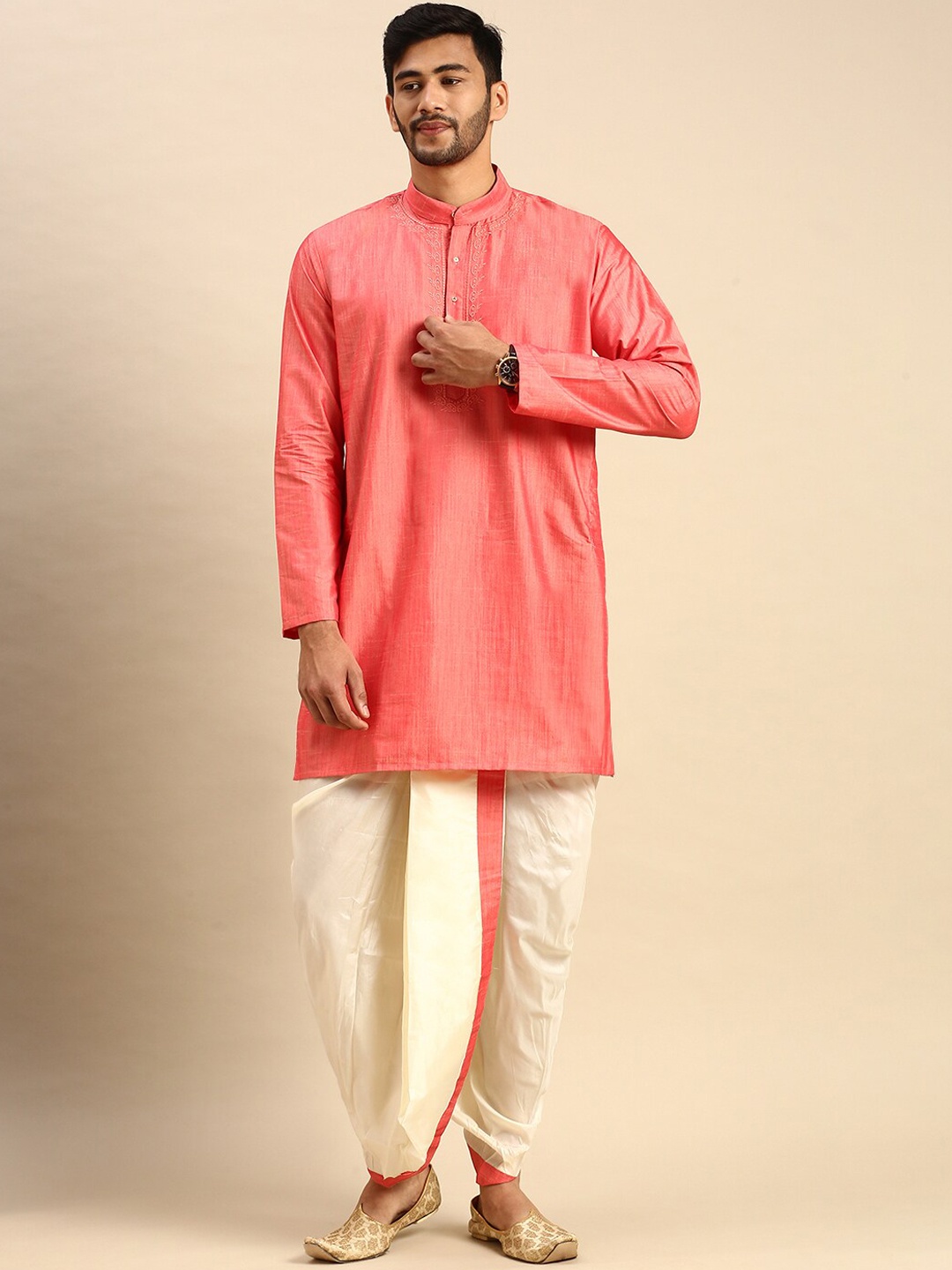 

Ramraj Men Pure Cotton Kurta with Dhoti Pants, Pink