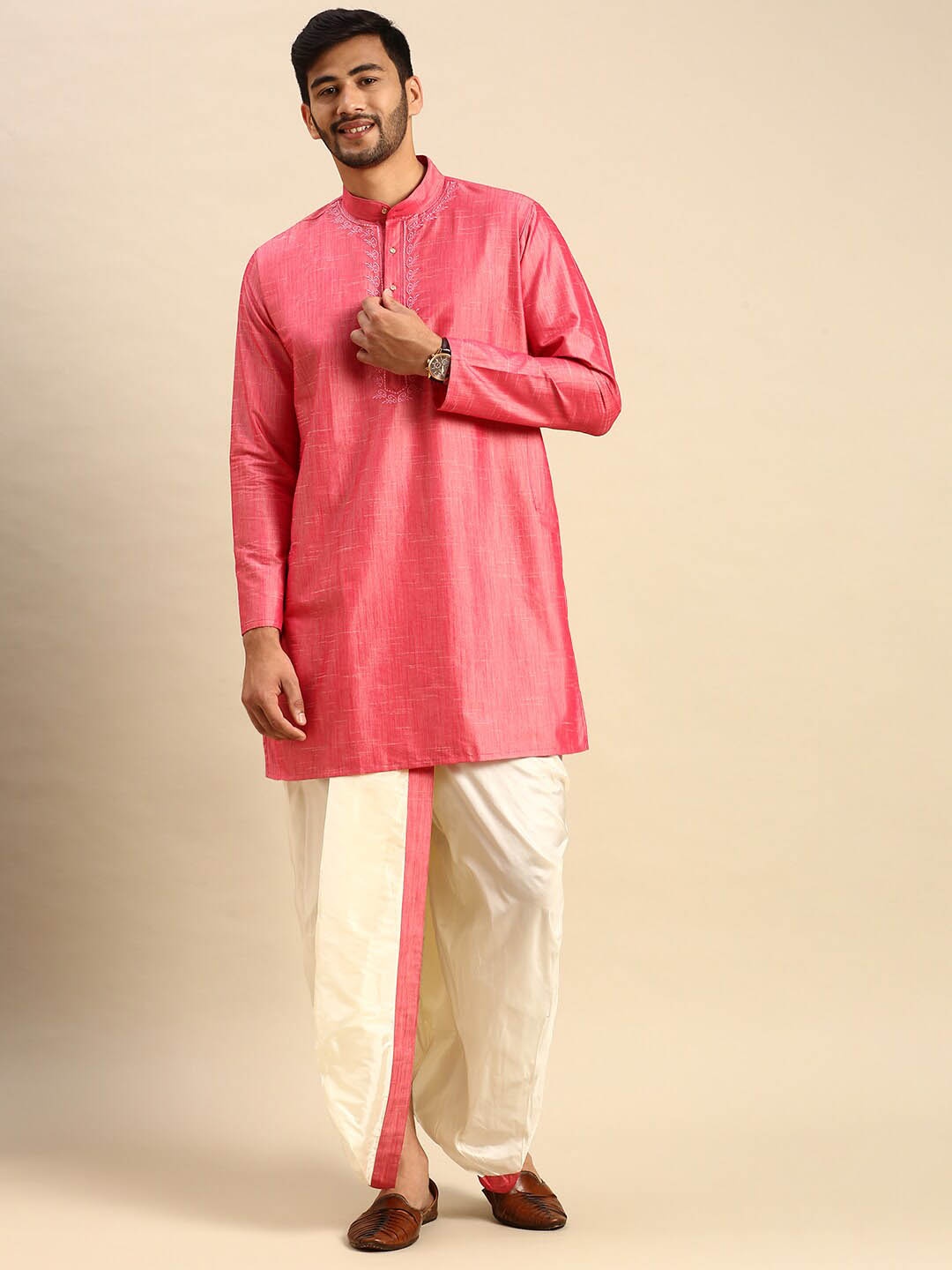 

Ramraj Men Pure Cotton Kurta with Dhoti Pants, Pink