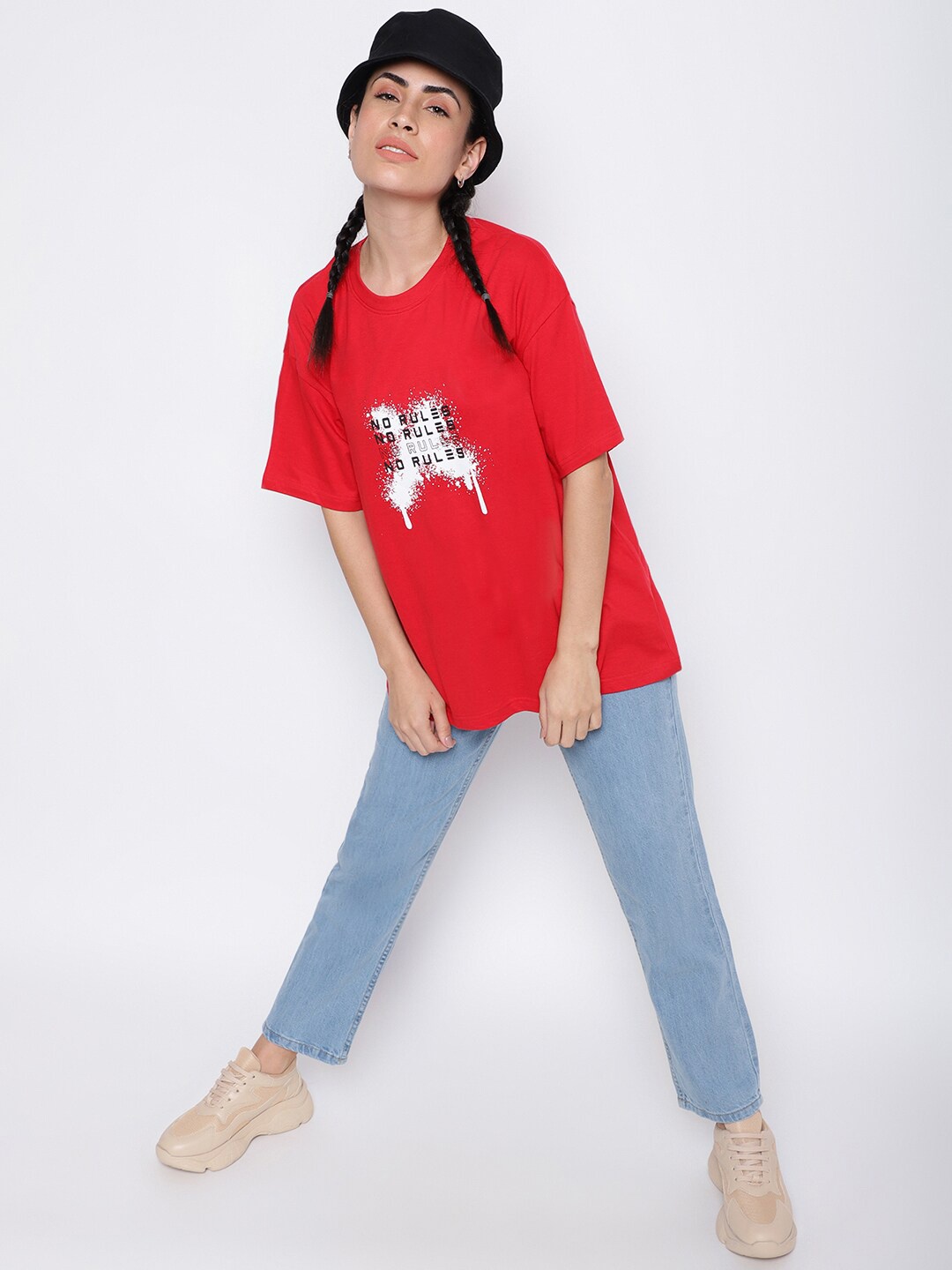 

Belliskey Women Typography Printed Drop-Shoulder Sleeves Loose T-shirt, Red
