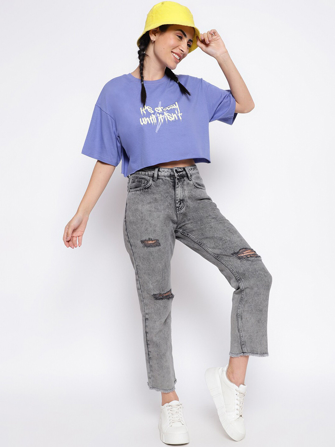 

Belliskey Women Lavender Typography Printed Loose T-shirt