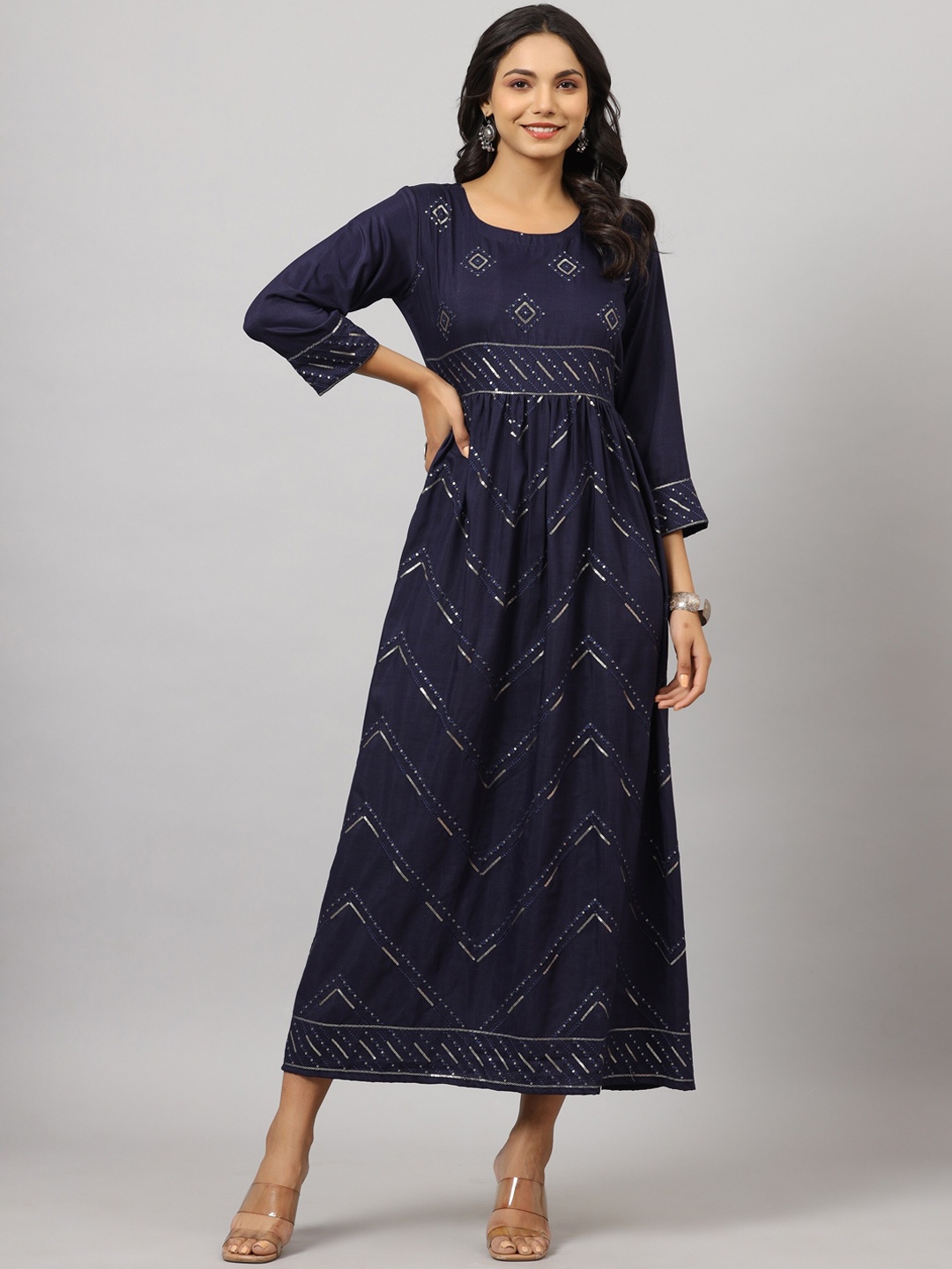 

Juniper Women Printed Maxi Flared Ethnic Dresses, Navy blue