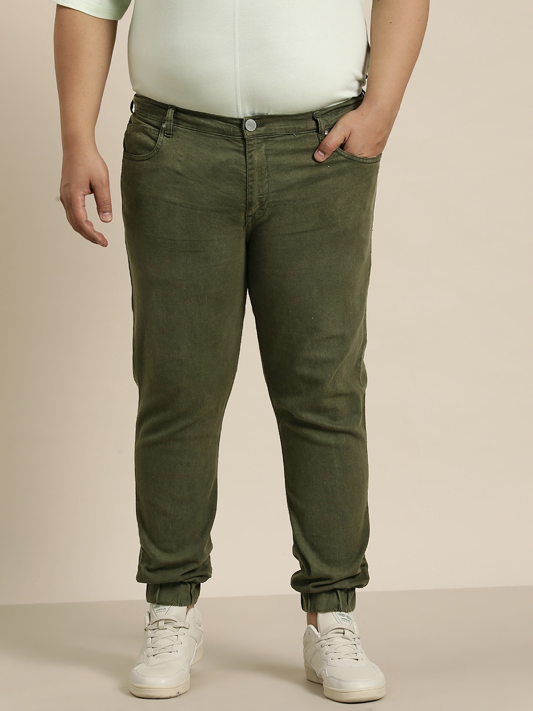 

Sztori Plus Size Men Cuffed Hem Stretchable Jeans, Olive