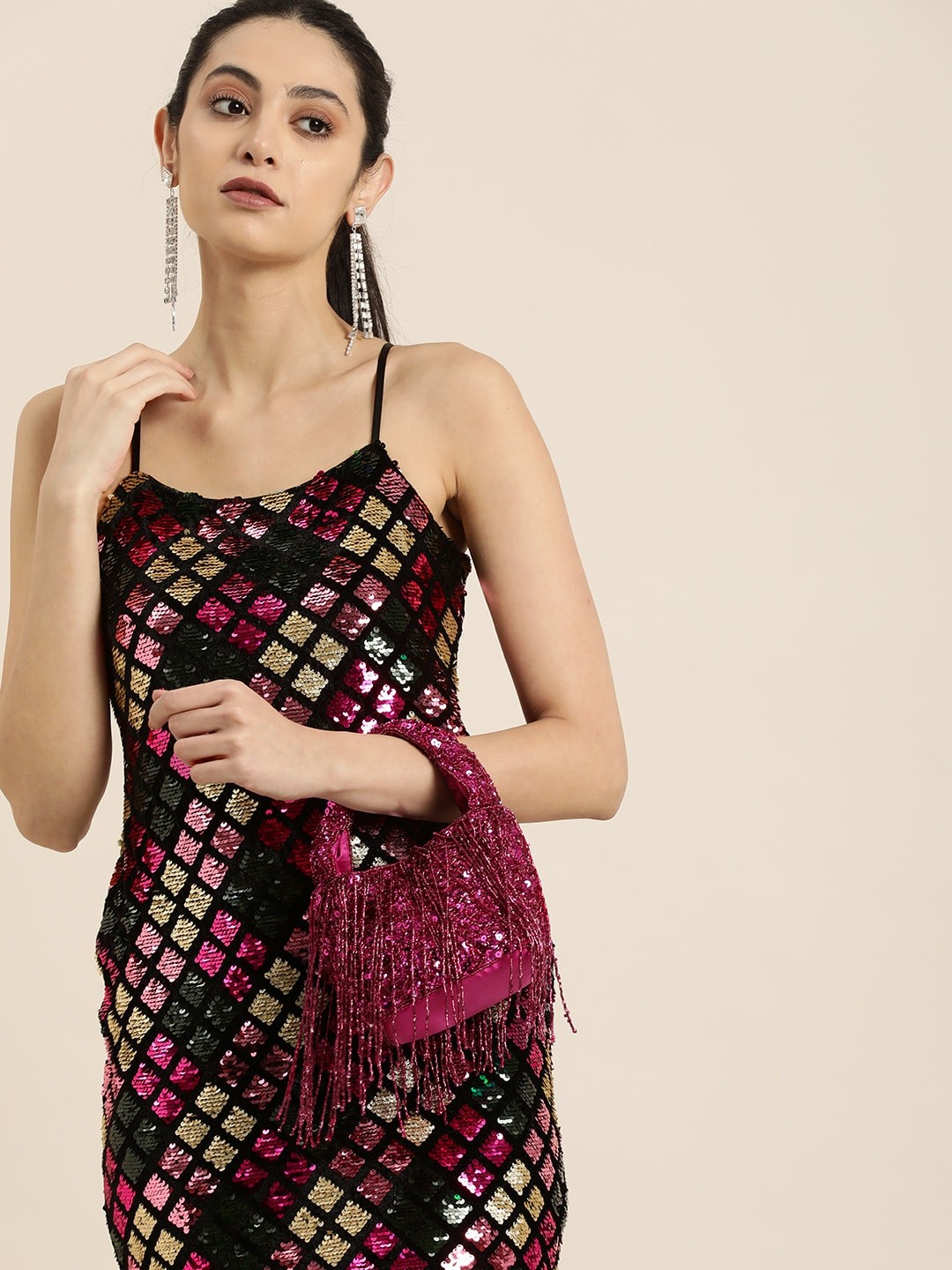 

Moda Rapido Shoulder Straps Sequined Checked Velvet Finish Sheath Mini Dress, Black
