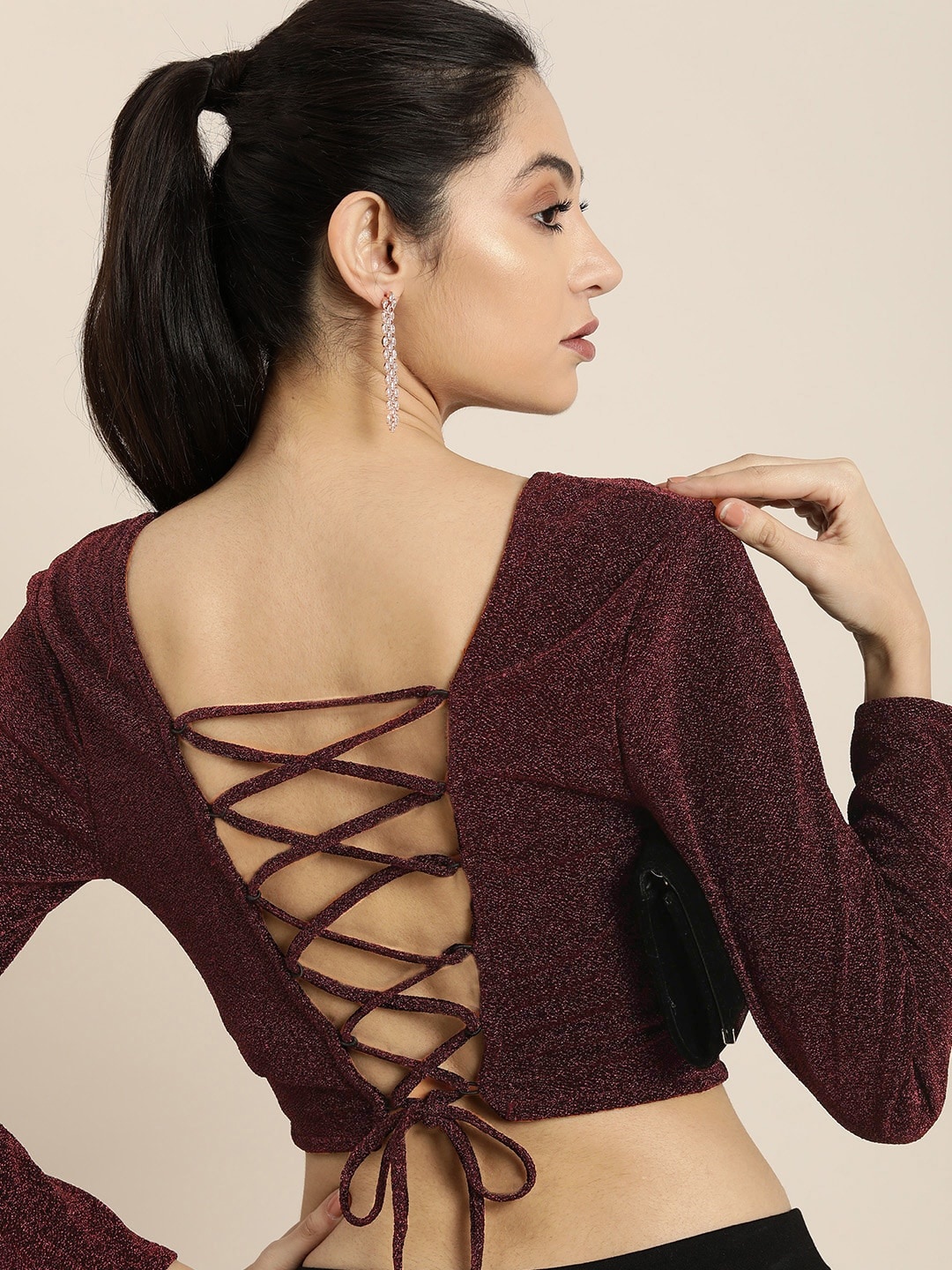 

Moda Rapido Square Neck Shimmer Styled Back Crop Top, Maroon