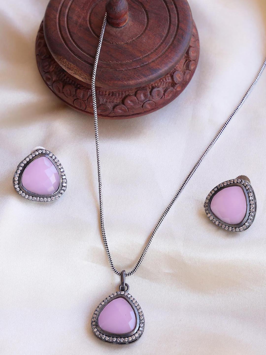 

Ozanoo Silver-Plated Stone Studded Chain Pendant With Earrings Set, Pink