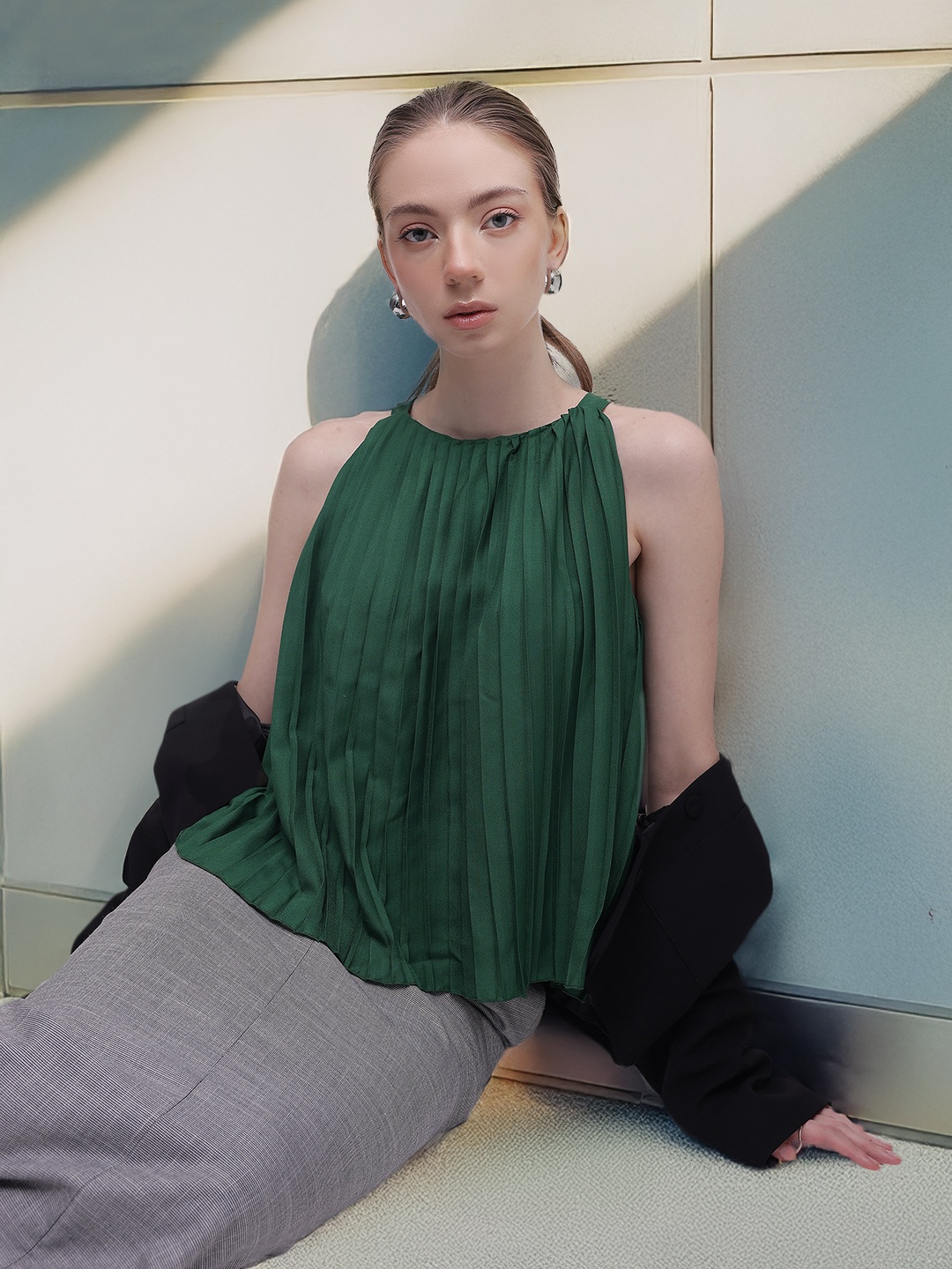 

French Connection Accordion Pleated Round Neck Sleeveless Top, Green