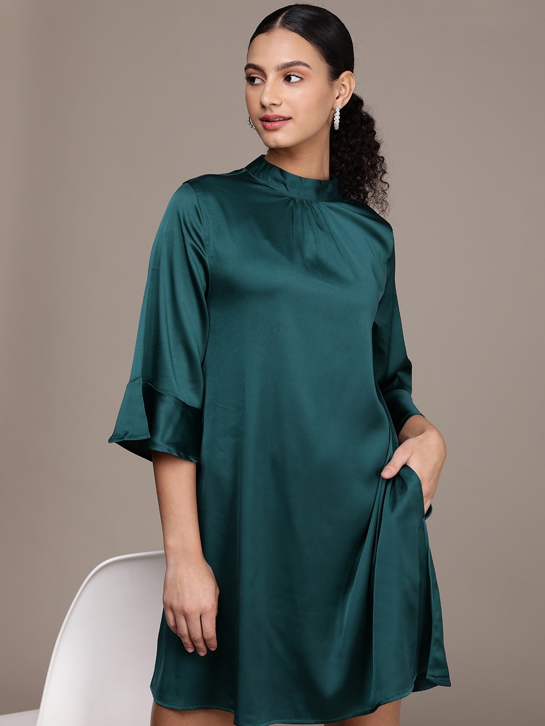 

French Connection Solid Bell Sleeves Satin A-Line Dress, Teal