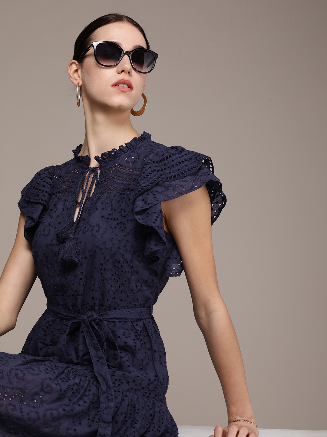 

French Connection Tie-Up Neck Flutter Sleeves Cotton Fit & Flare Tiered Schiffli Dress, Navy blue