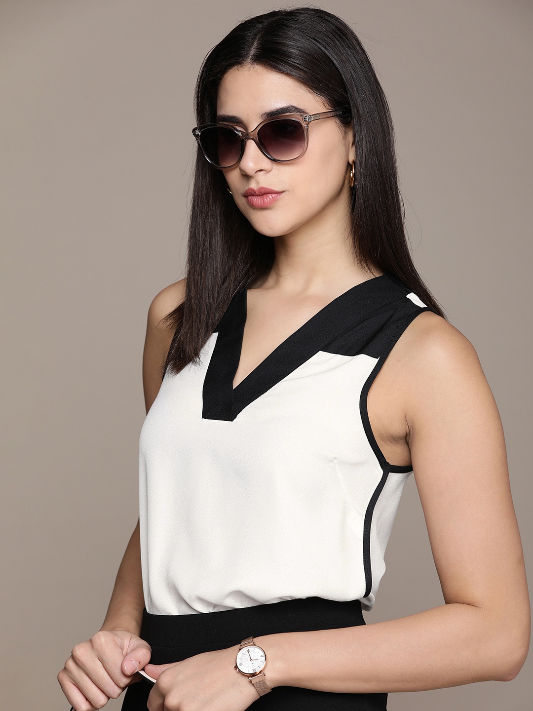 

French Connection V-Neck Sleeveless Top With Contrast Colour Detail, White