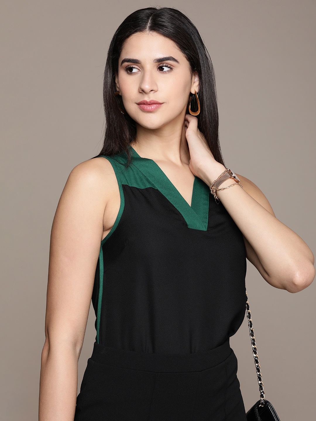 

French Connection V-Neck Sleeveless Top With Contrast Colour Detail, Black