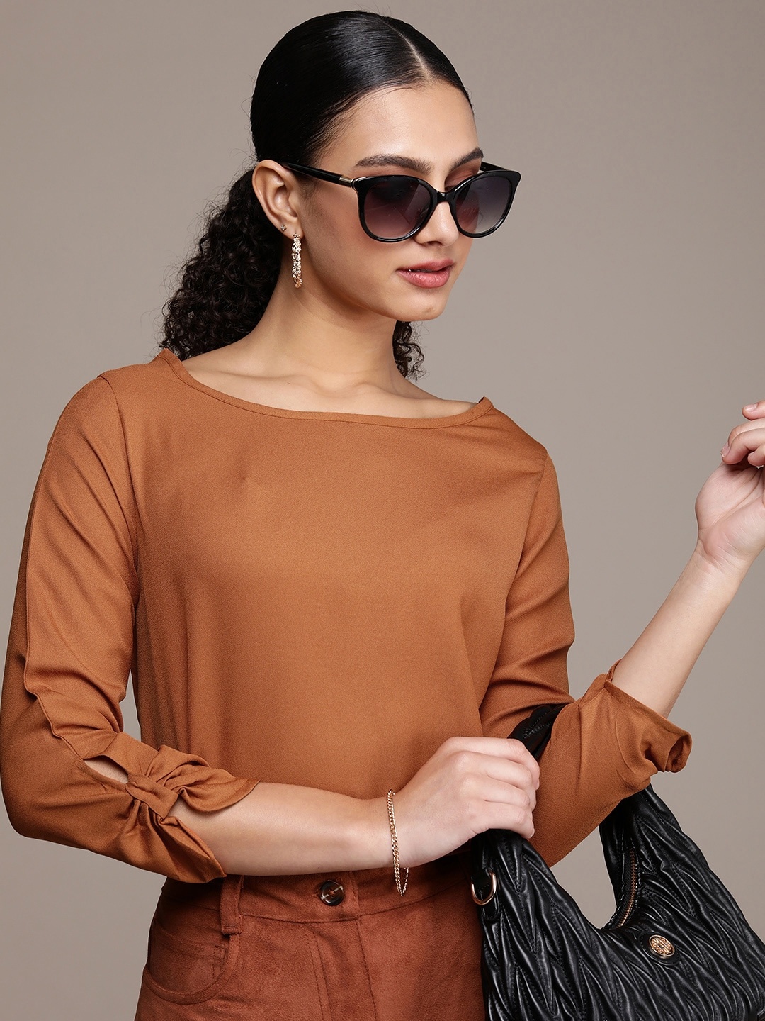 

French Connection Solid Boat Neck Roll-Up Sleeves Top, Brown