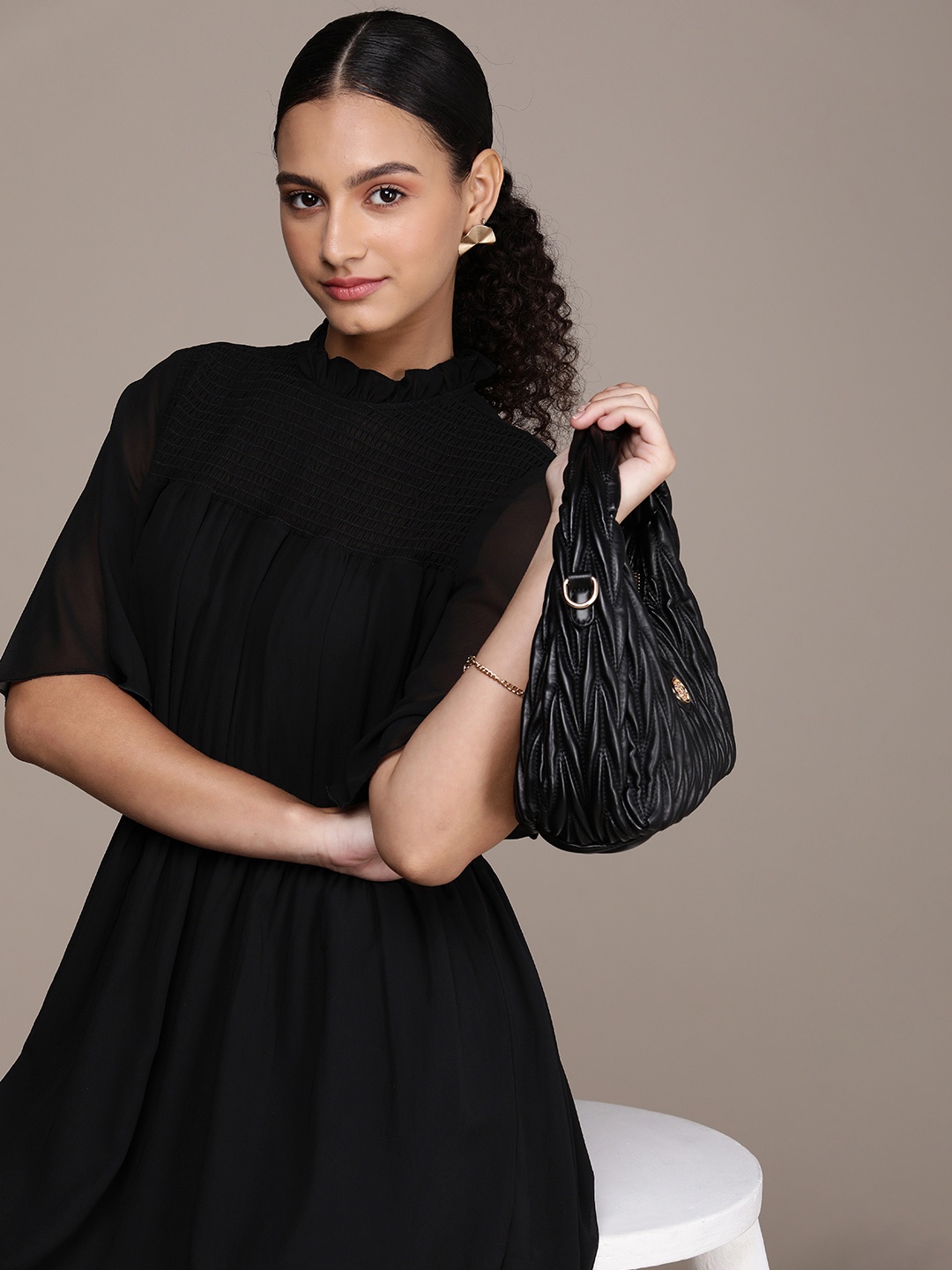 

French Connection Solid Flared Sleeve Ruffled & Smocked Detail A-Line Dress, Black