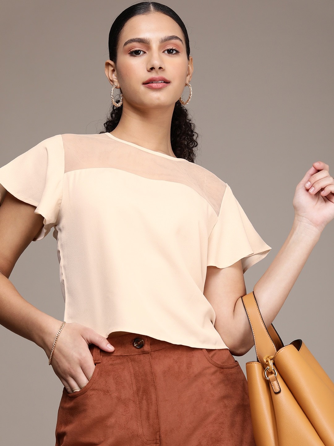 

French Connection Solid Flutter Sleeve Top With Net Detailing, Beige