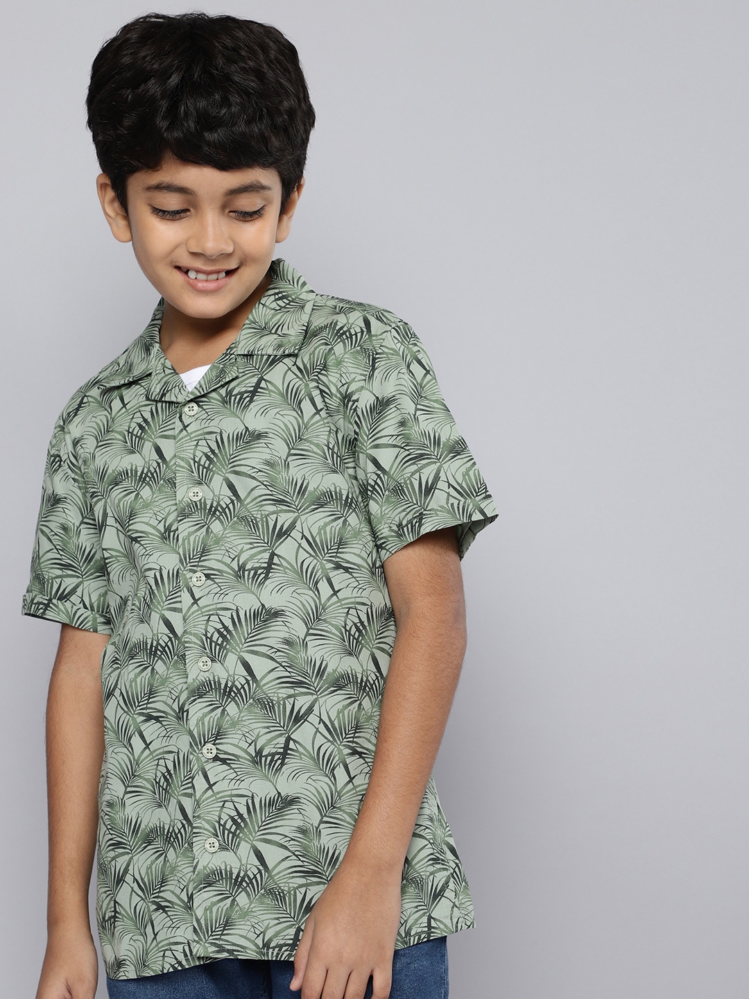 

HERE&NOW Boys Printed Pure Cotton Casual Shirt, Green