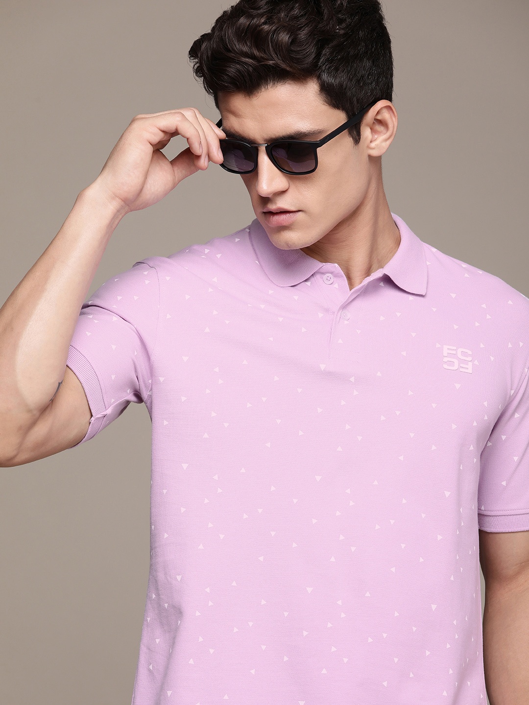 

French Connection Men Printed Polo Collar Pure Cotton T-shirt, Lavender