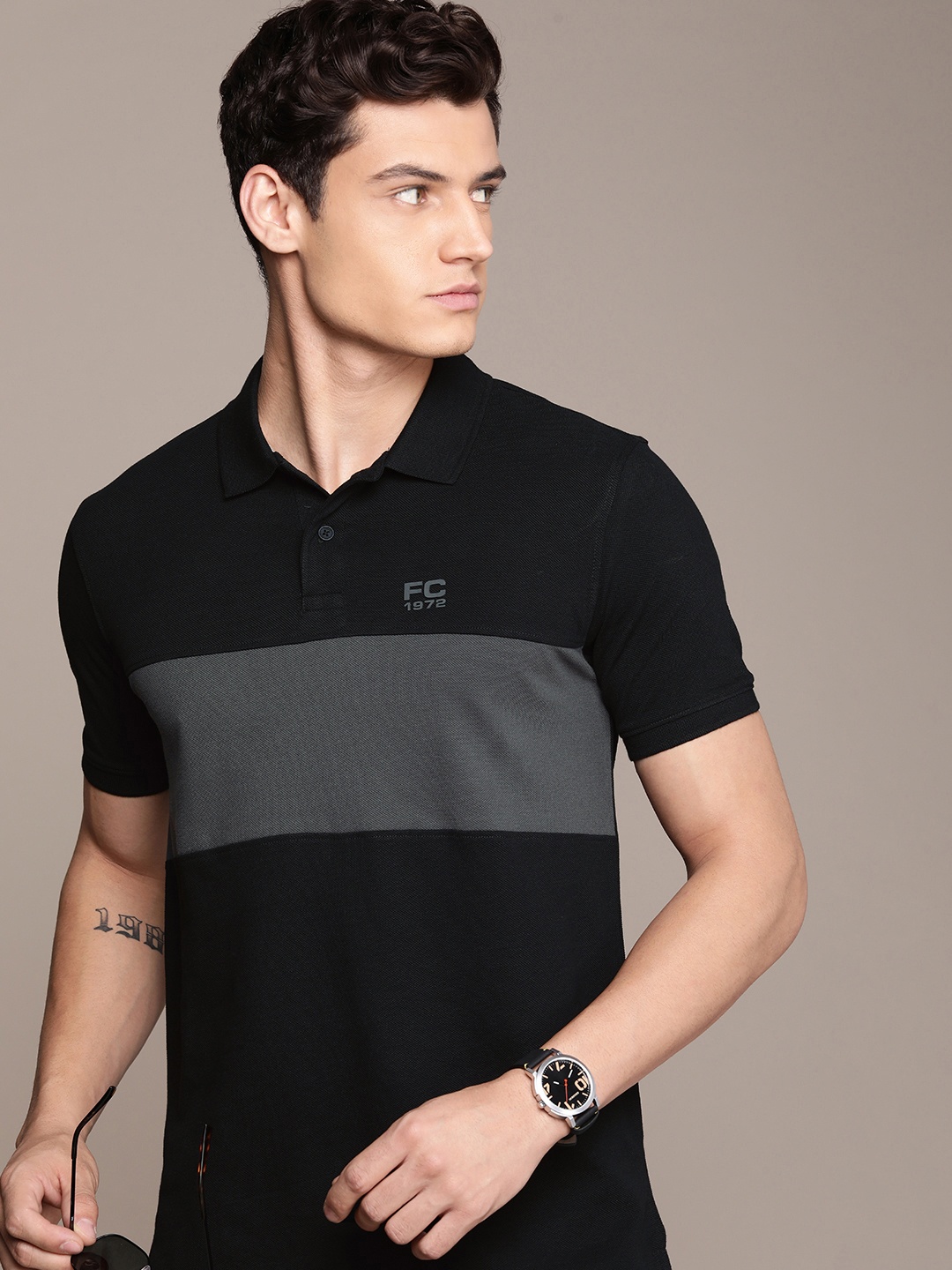 

French Connection Round Neck Colourblocked Polo Collar Pure Cotton T-shirt, Black