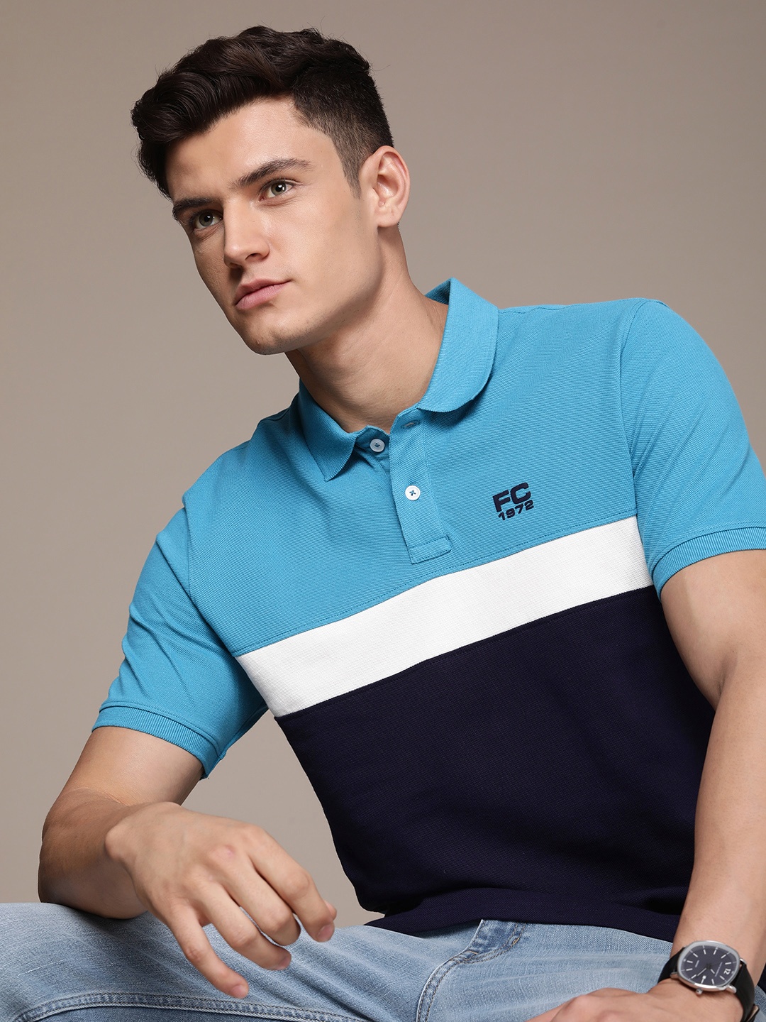 

French Connection Men Colourblocked Polo Collar Pure Cotton T-shirt, Blue