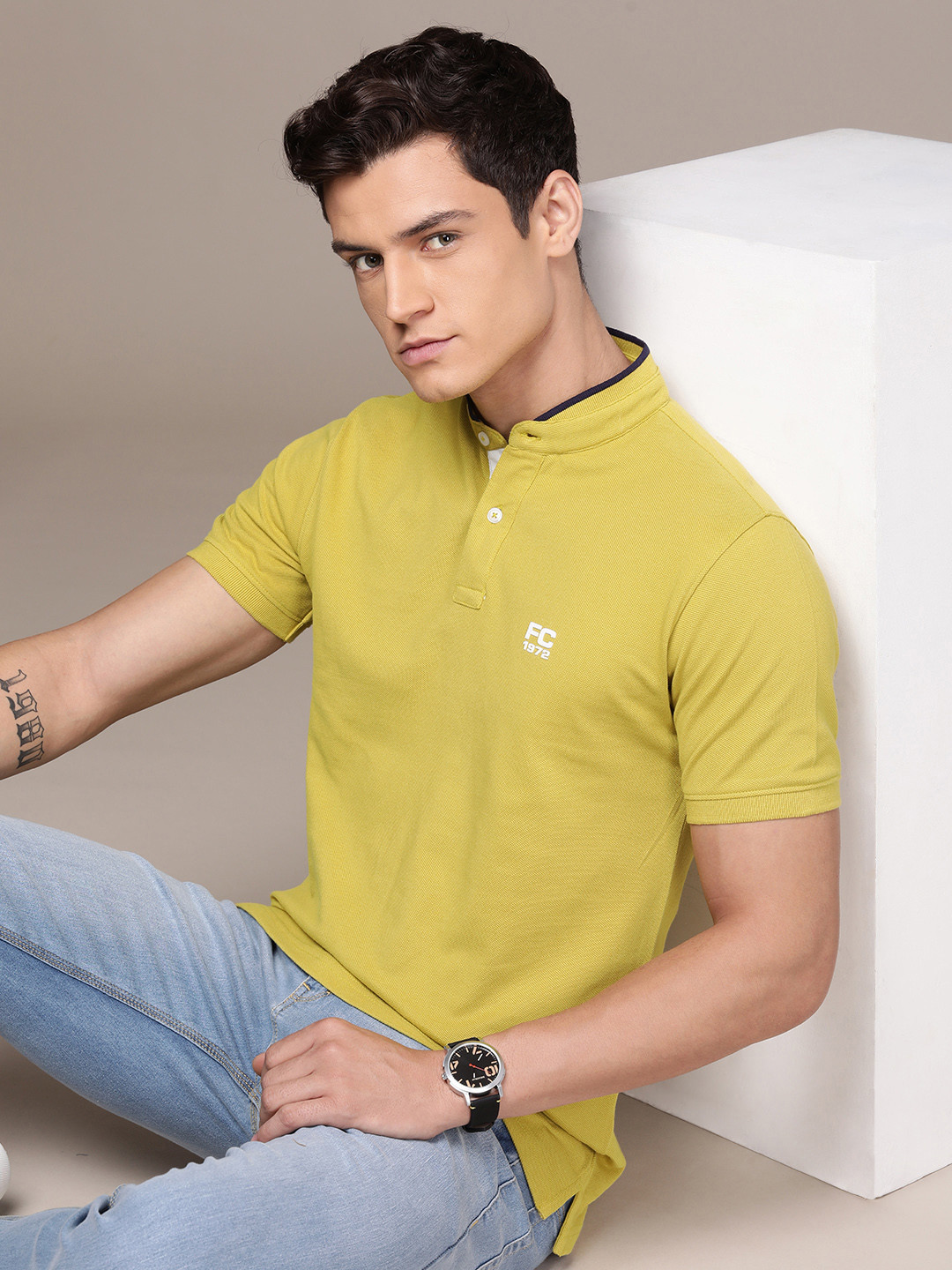 

French Connection Men Solid Henley Neck Pure Cotton T-shirt, Mustard